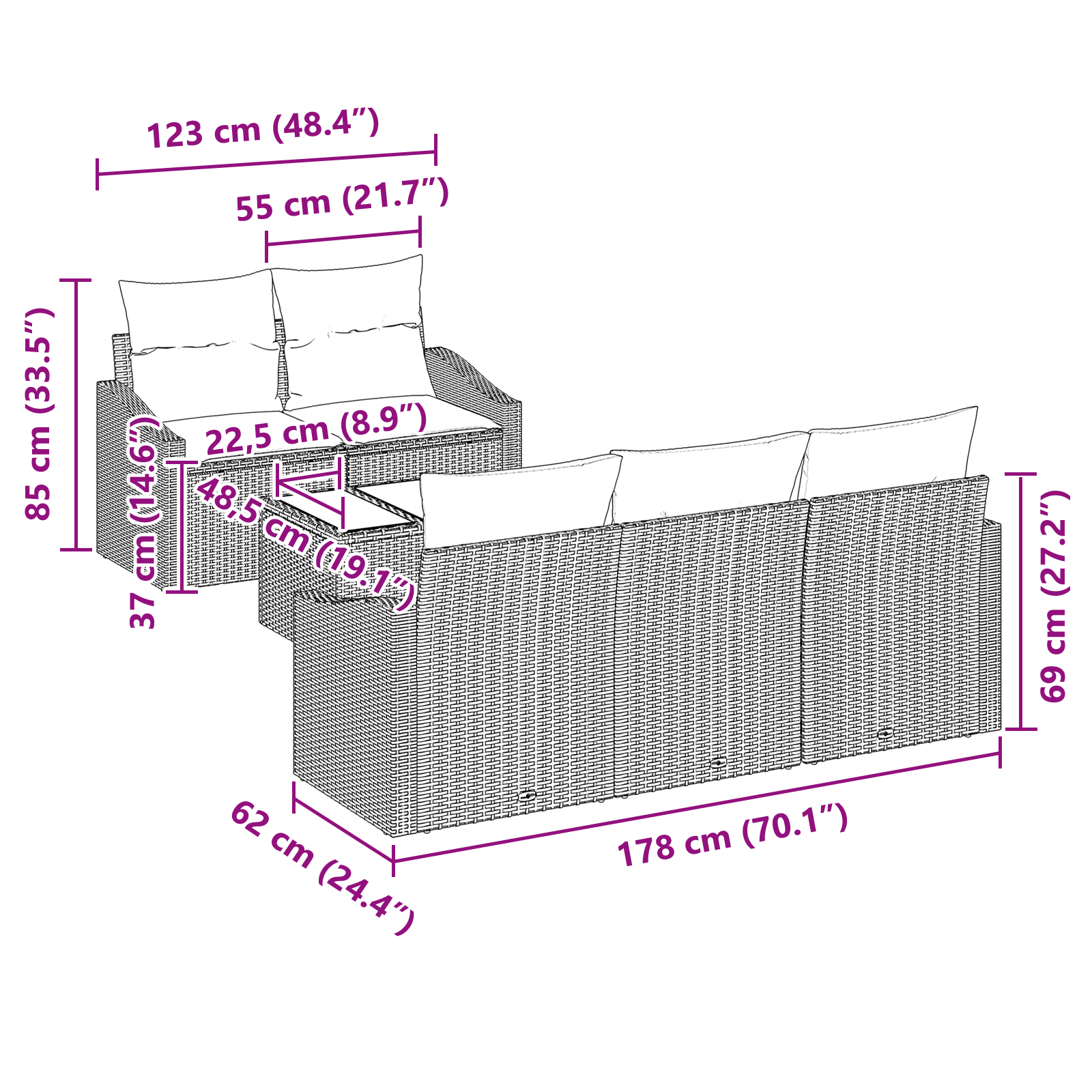 Conjunto de Sofá de Jardim 6 Peças com Almofadas Bege Rattan Poli