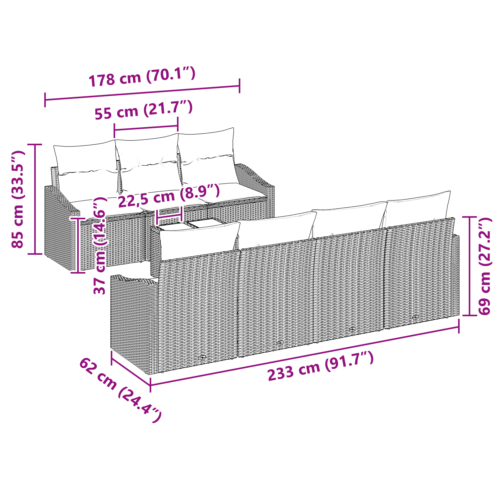 Conjunto de Sofás de Jardim de 8 Peças com Almofadas Bege Polirattan