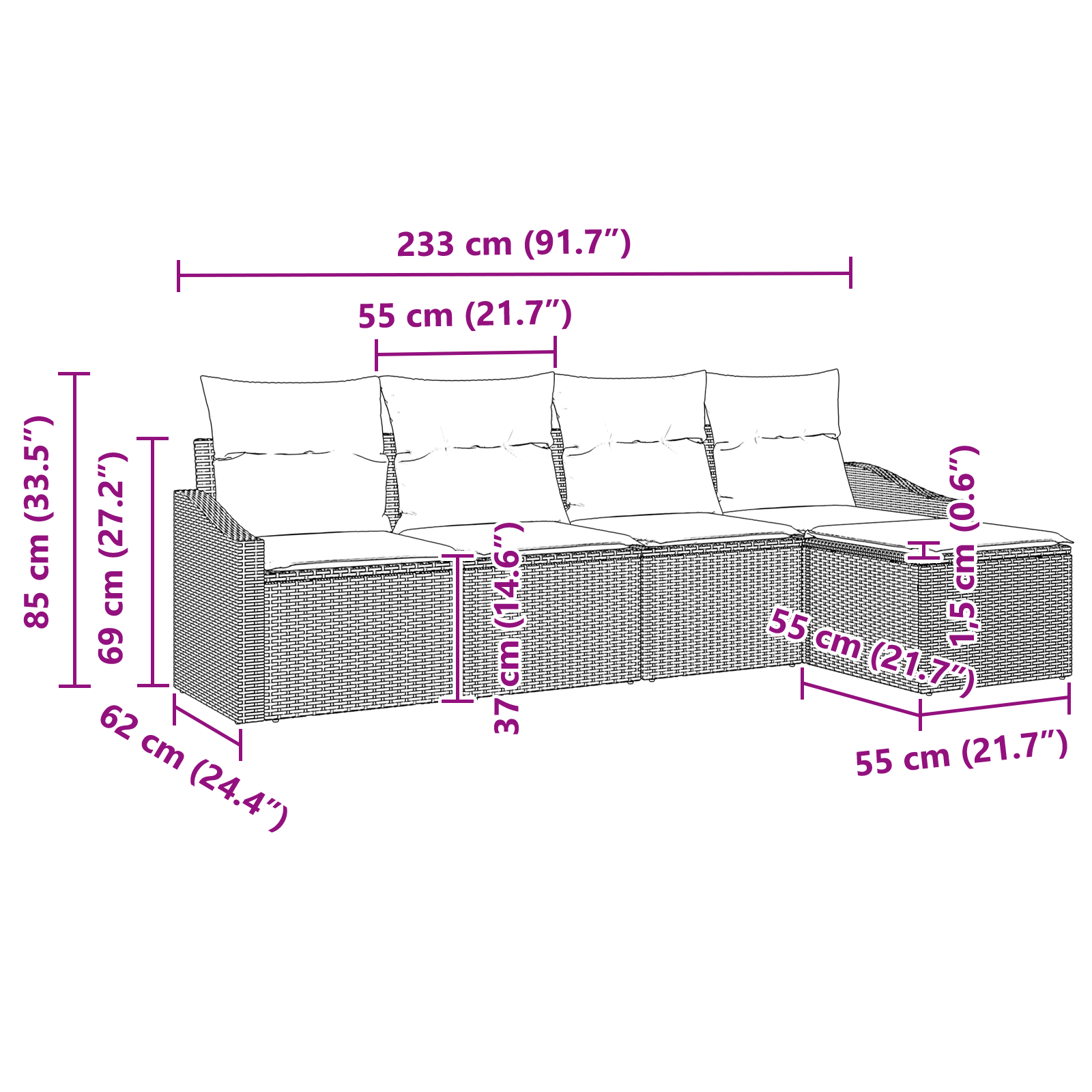 Градински диван комплект  от 5 части с възглавници Сиво Полиратан - Image 8