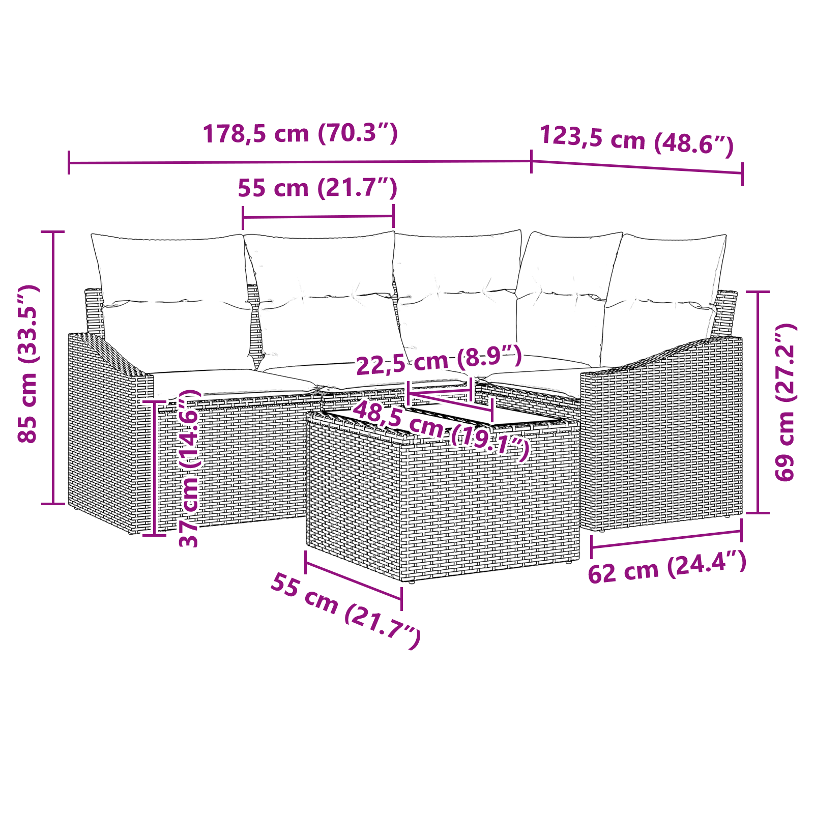 Комплект от 5 части градински диван с възглавници сив полирата - Image 9