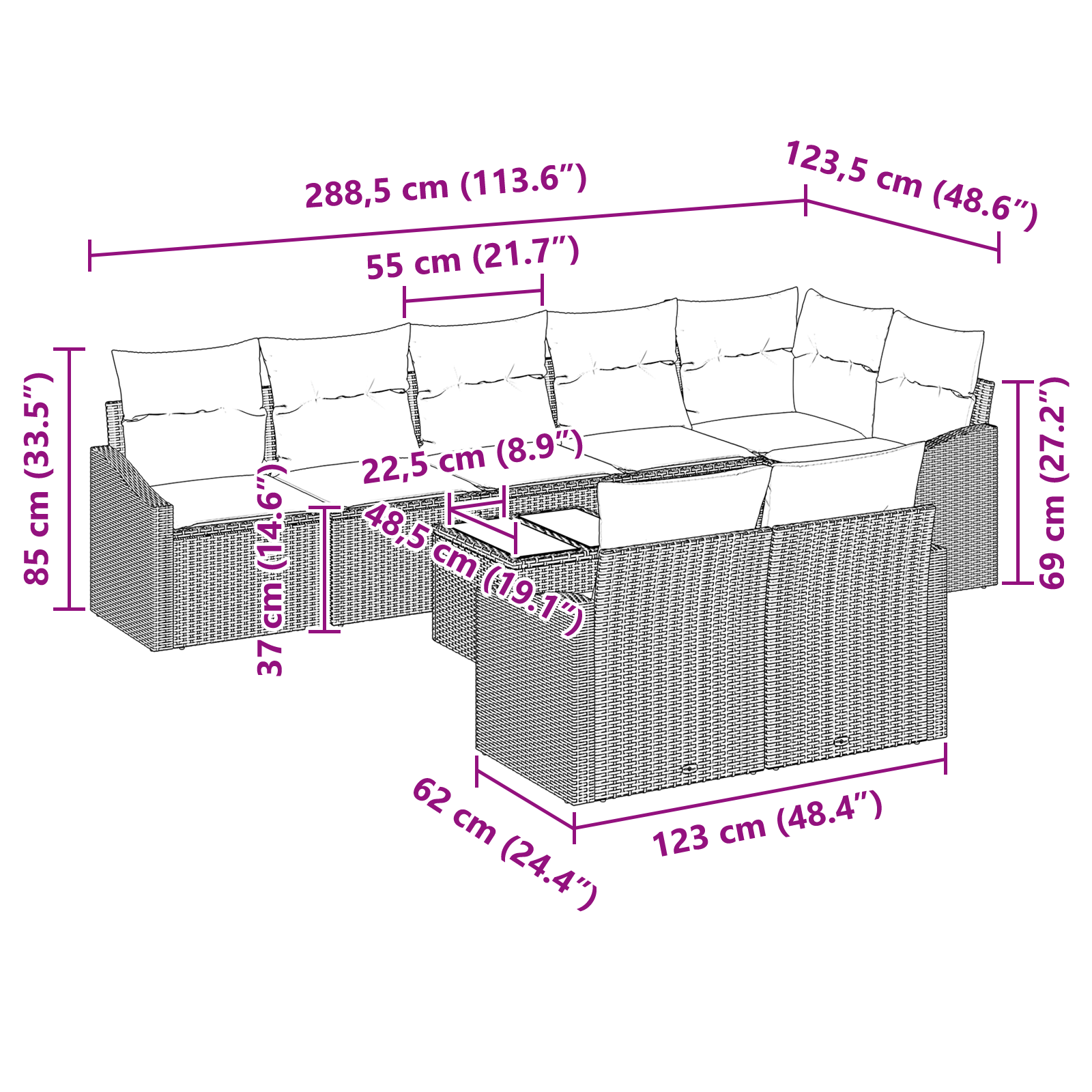 9 чака градински диван комплект с възглавници Черен полиратан - Image 9