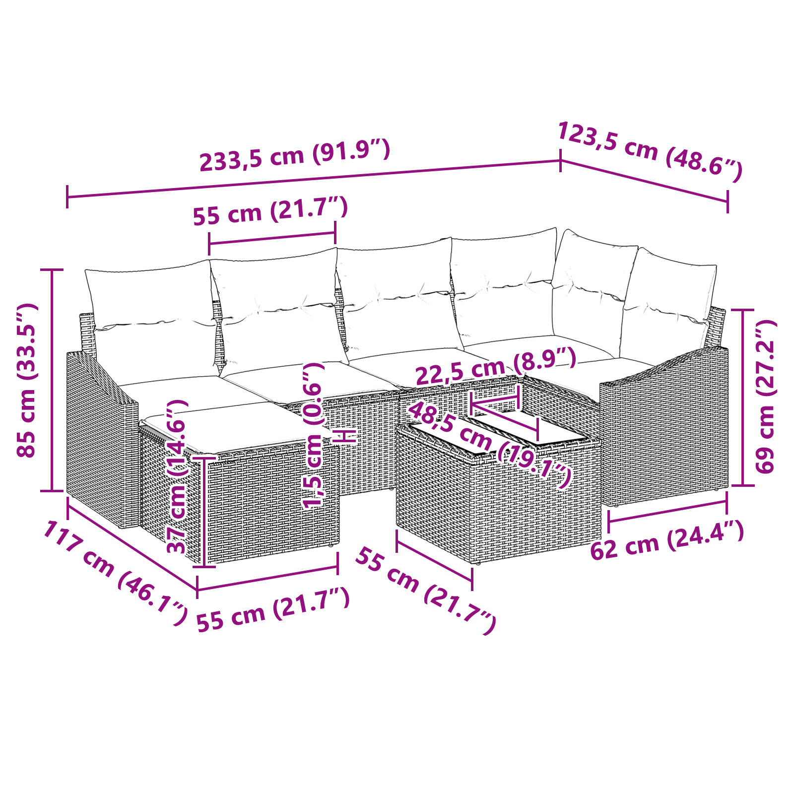 Комплект градински диван от 6 части с възглавници, сив полиратан - Image 10