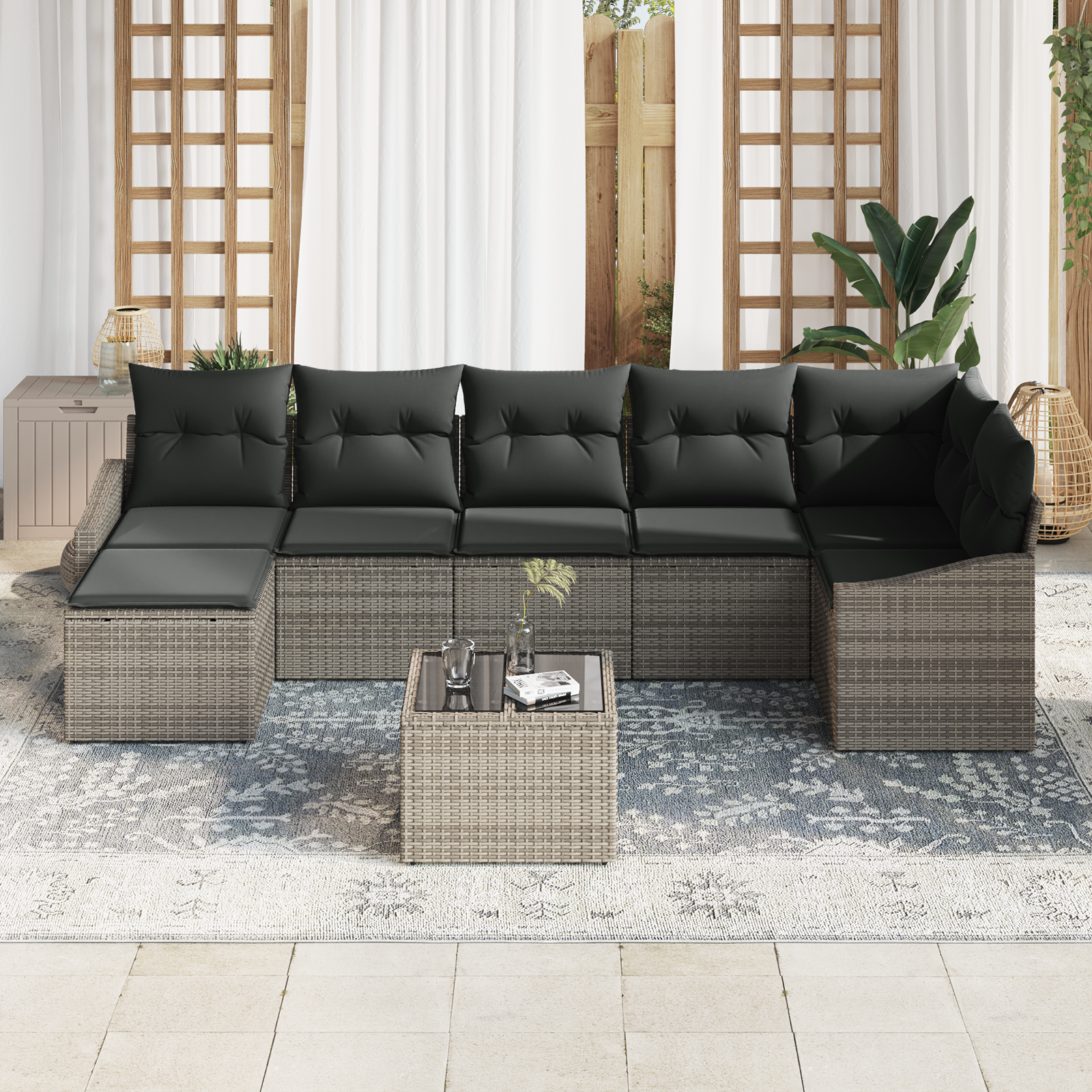 7 части градински диван комплект с възглавници черен ратан - Image 3