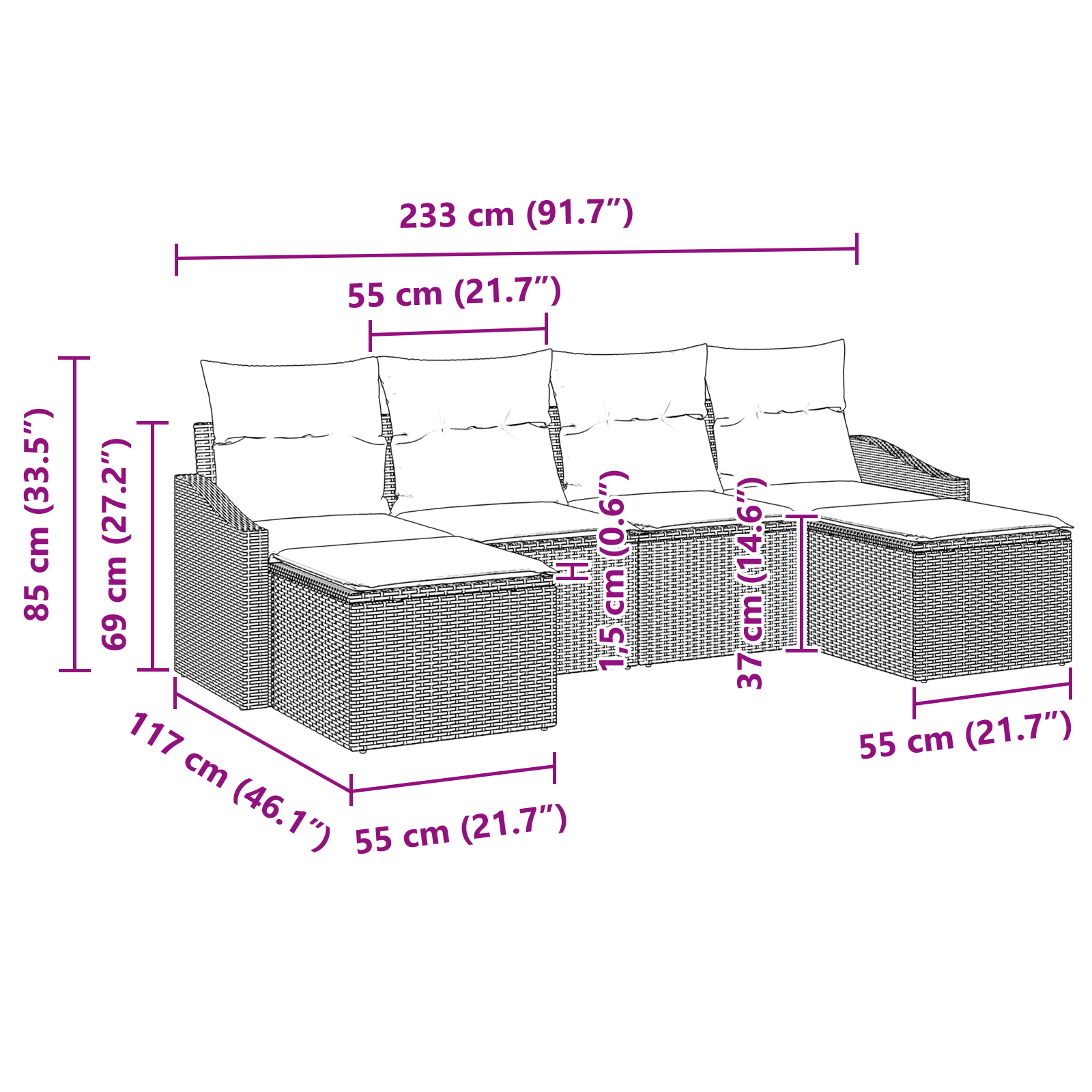 Комплект от 6 градински дивана с възглавници светло сив полирата - Image 8