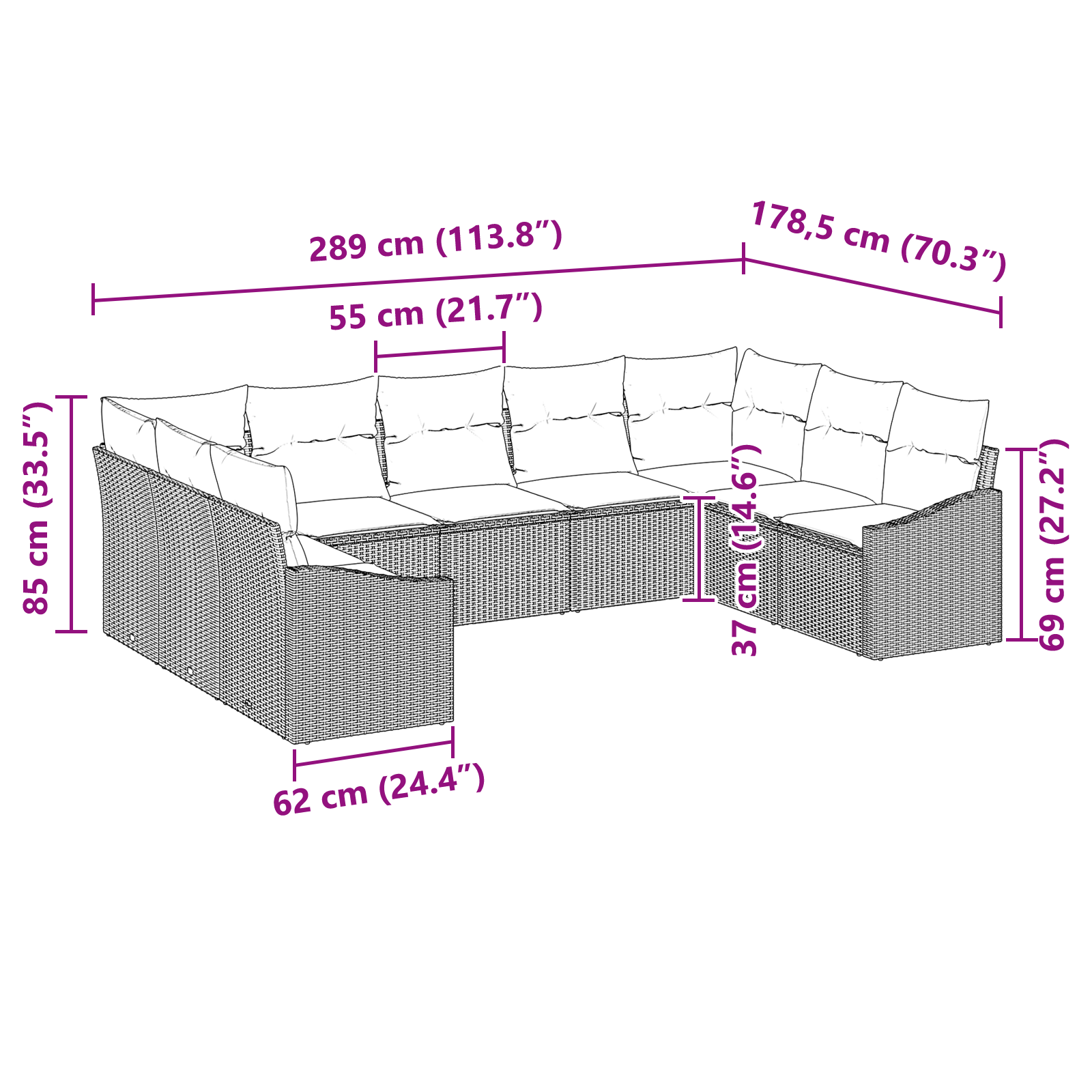 Комплект градински дивани  на 9 части с черен полиестер и възглавници - Image 8