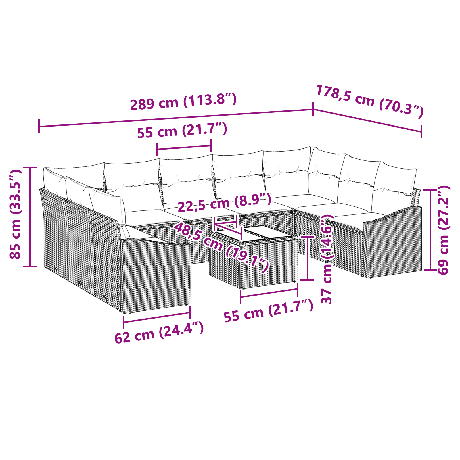 9-частов градински диван комплект с възглавници Кафяв Полиестерен ратан - Image 9
