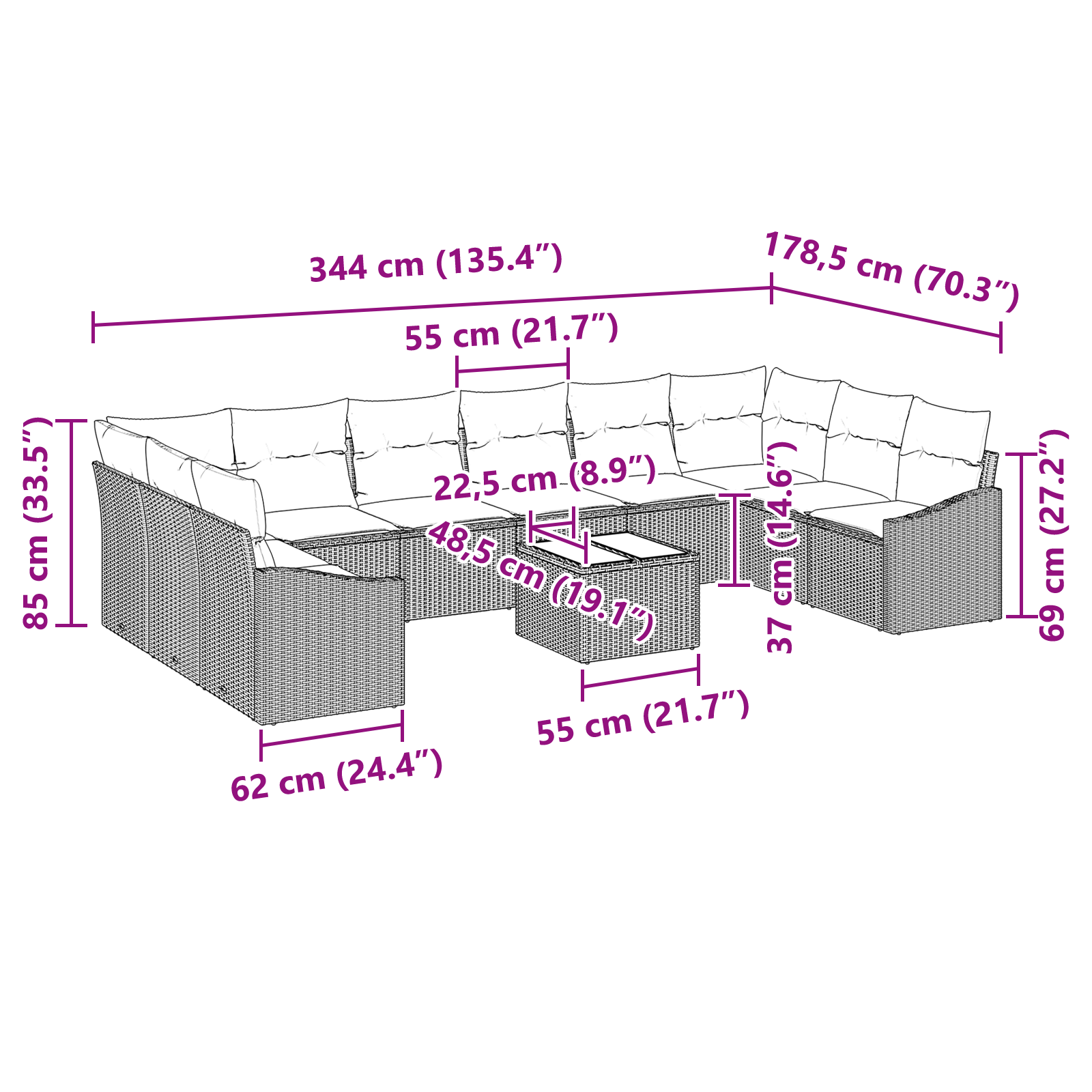 11 Часов Градински Диван Комплект с Възглавници Черен Поли Ратан - Image 9