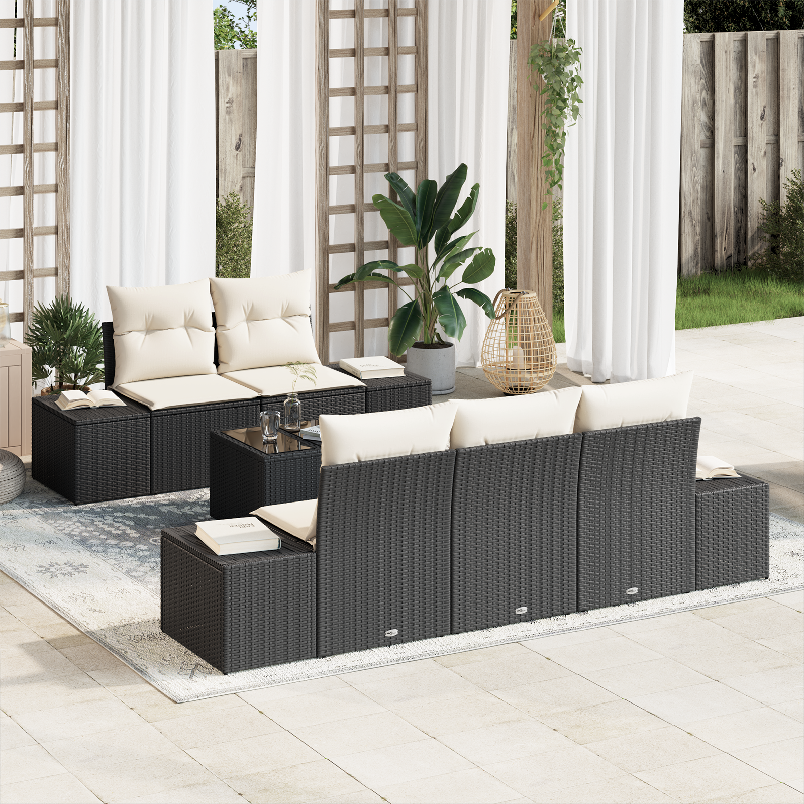 6 dalių sodo sofa rinkinys su pagalvėlėmis Juoda Poli ratanas
