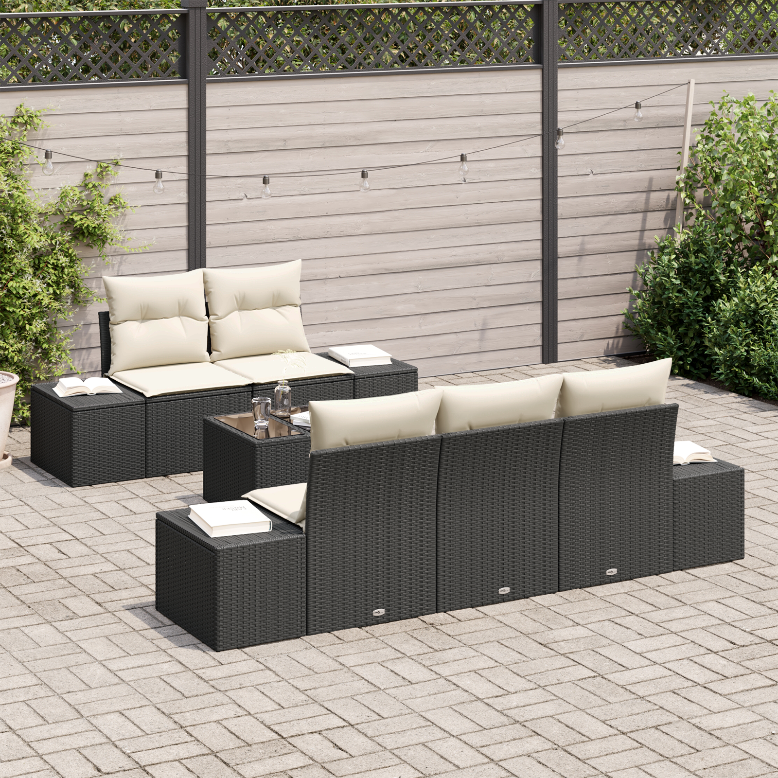6 dalių sodo sofa rinkinys su pagalvėlėmis Juoda Poli ratanas - Image 3
