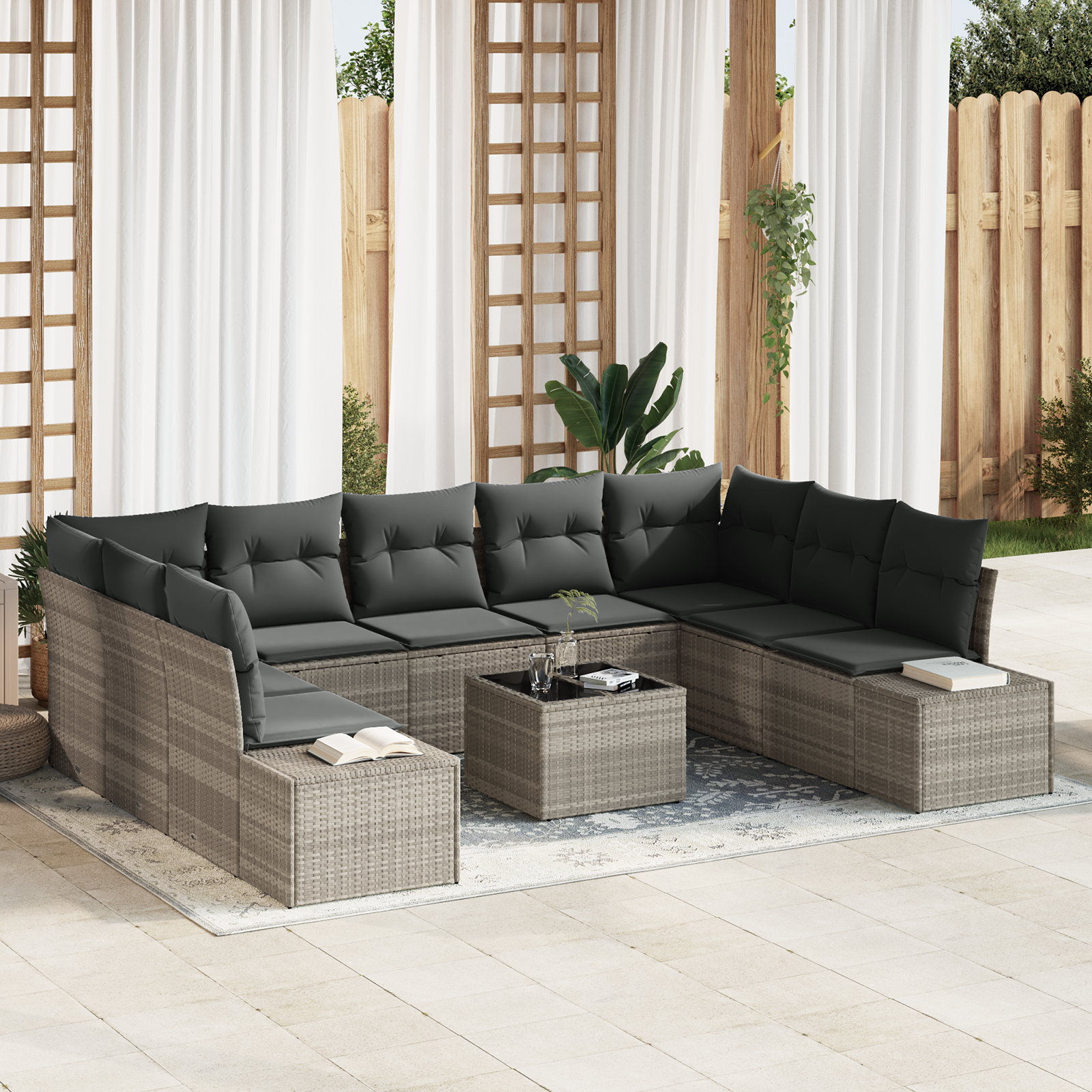 10 dalių sodo sofa komplektas su pagalvėlėmis šviesiai pilko poliratanas
