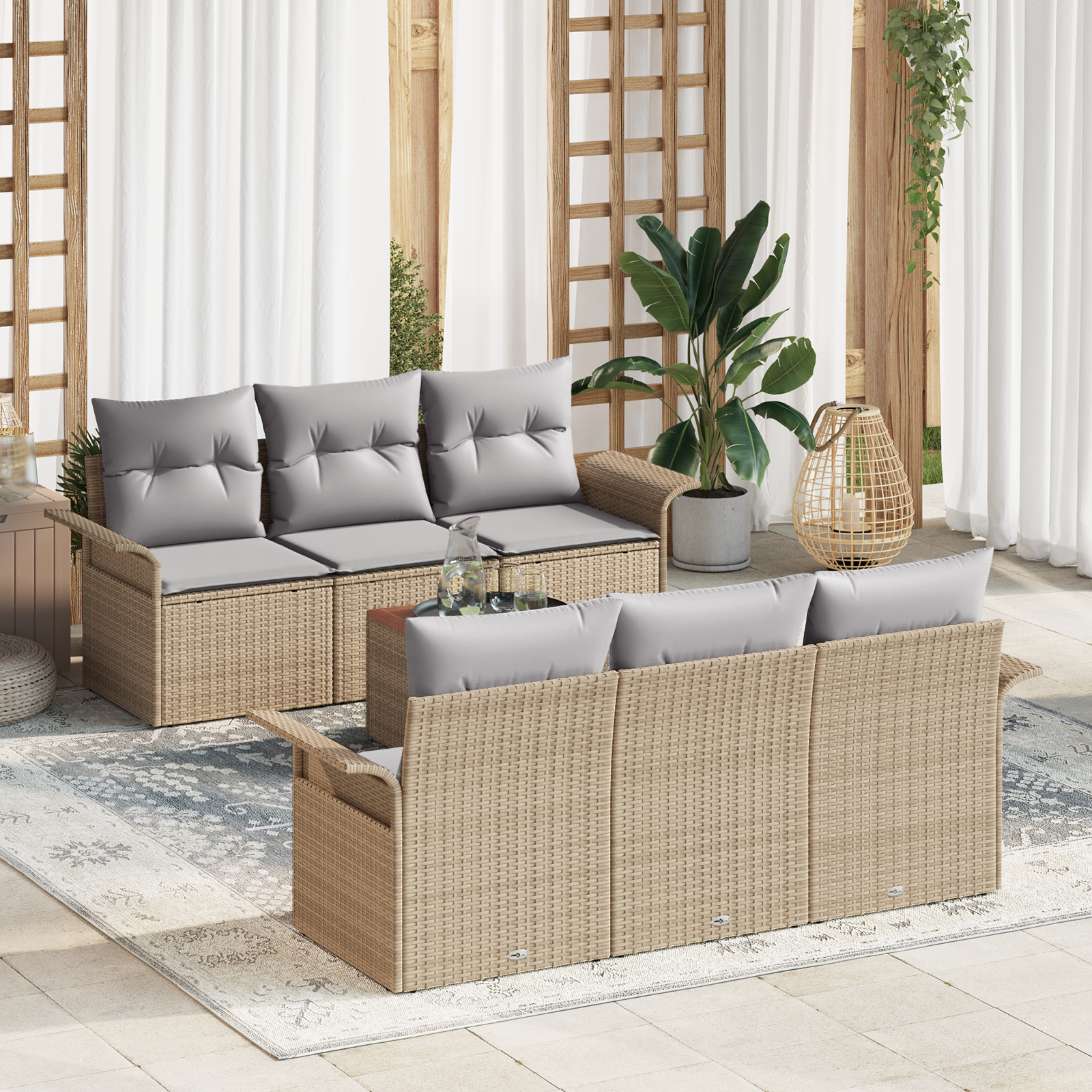 7-teiliges Garten-Sofa-Set mit Kissen in beigem Poly-Rattan