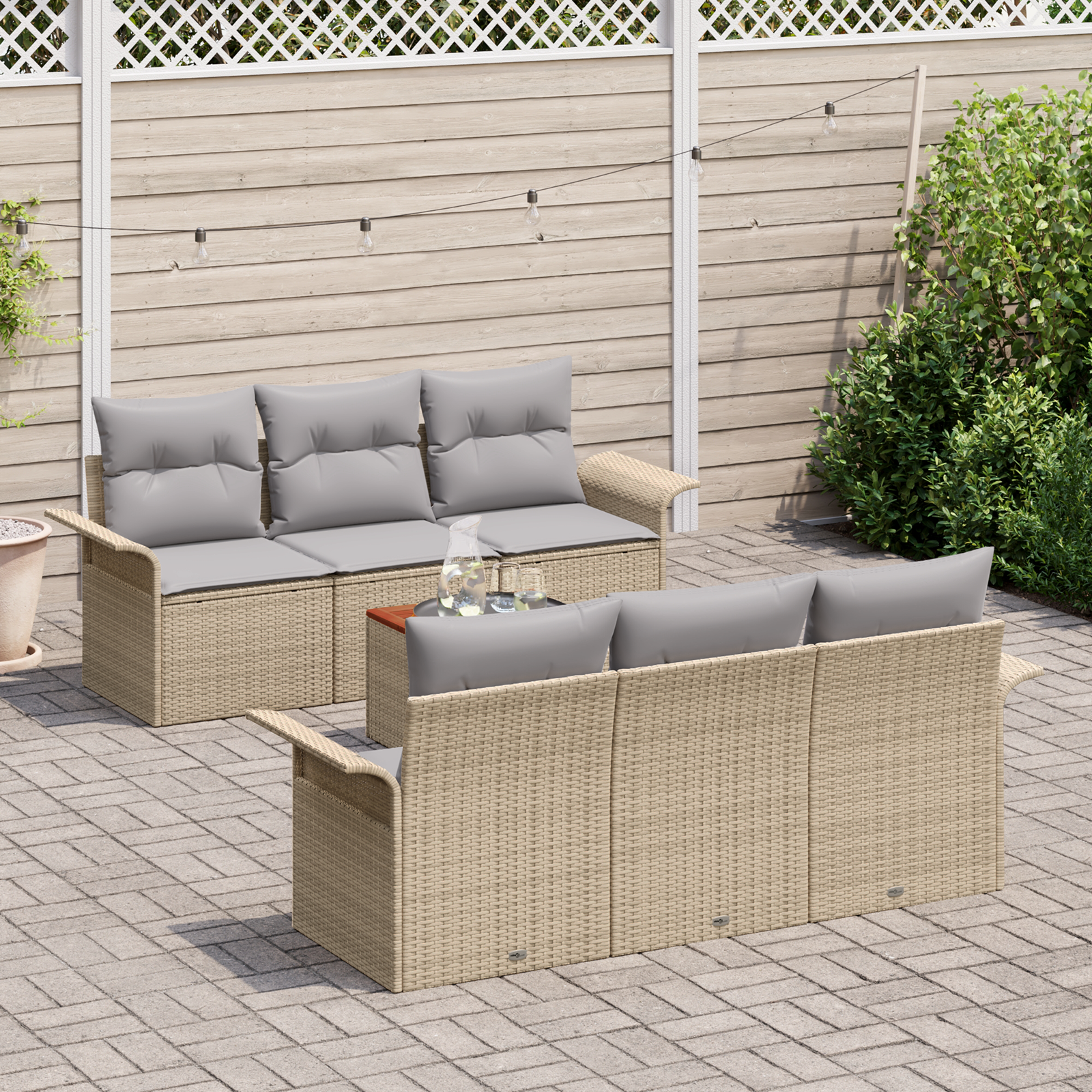 7-teiliges Garten-Sofa-Set mit Kissen in beigem Poly-Rattan – Bild 3
