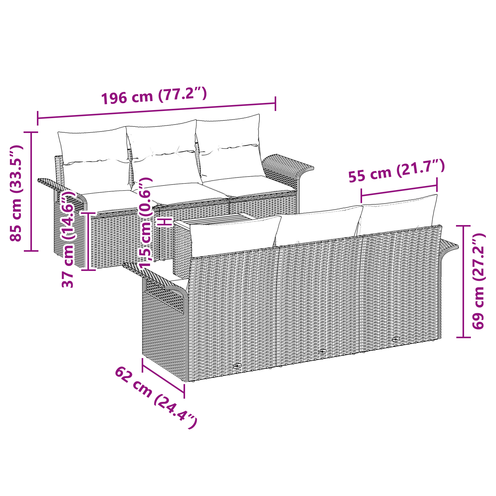 7-teiliges Garten-Sofa-Set mit Kissen in beigem Poly-Rattan – Bild 8