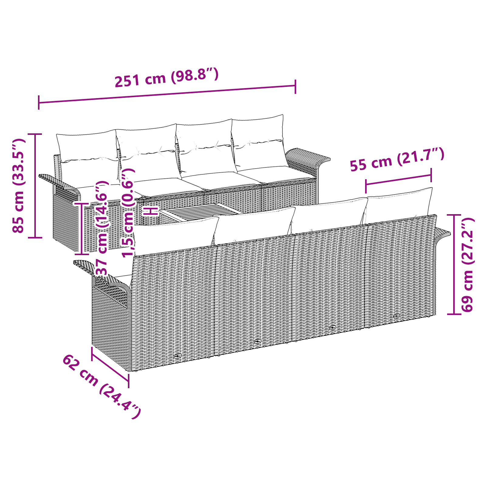 9 dalių sodo sofa rinkinys su pagalvėmis Juodas Poliaratanas Akacija - Image 8