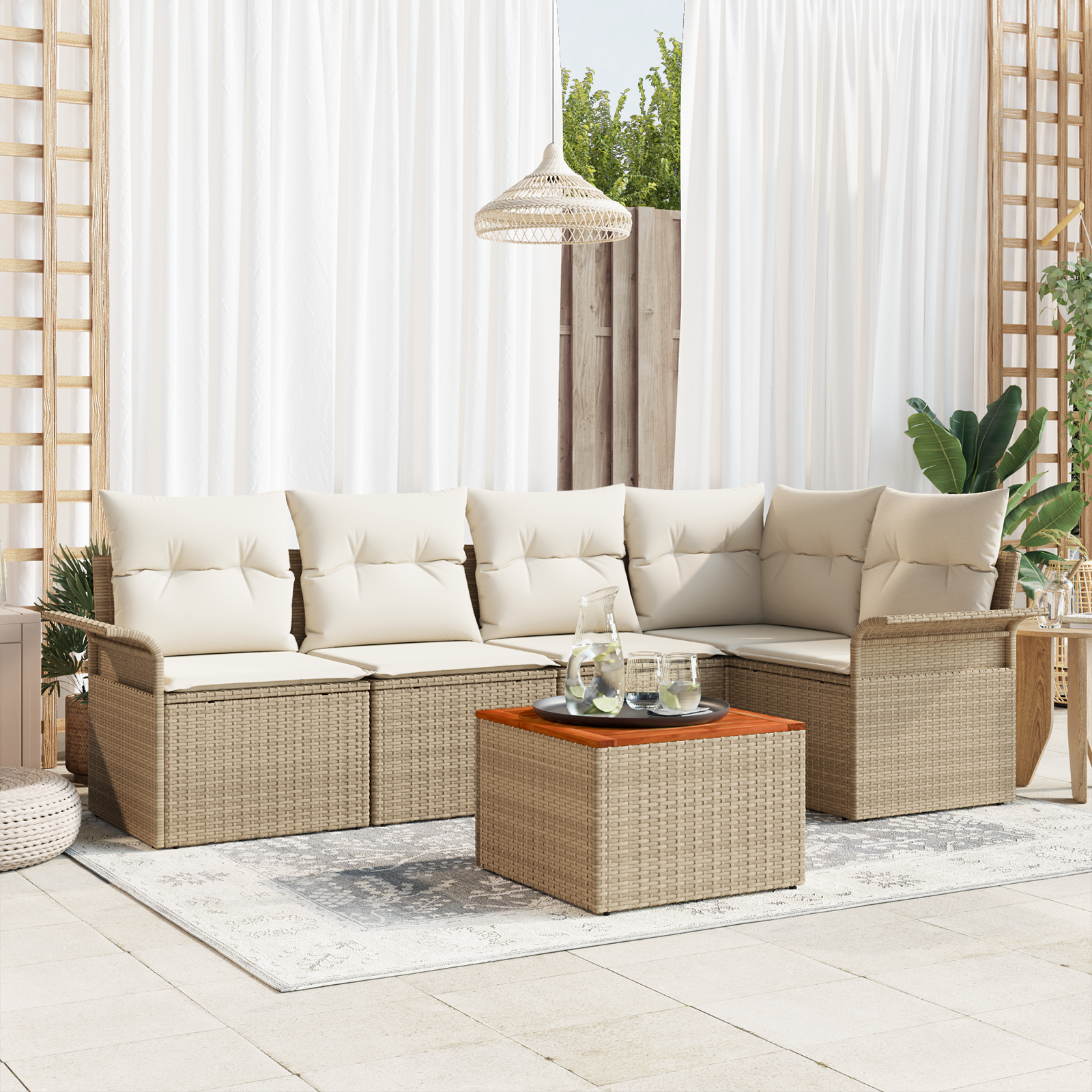 6 dalių sodo sofa komplektas su pagalvėlėmis Smėlio poliratanas akacija