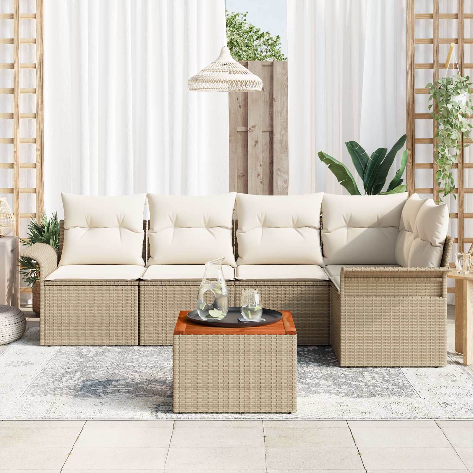 6 dalių sodo sofa komplektas su pagalvėlėmis Smėlio poliratanas akacija - Image 3