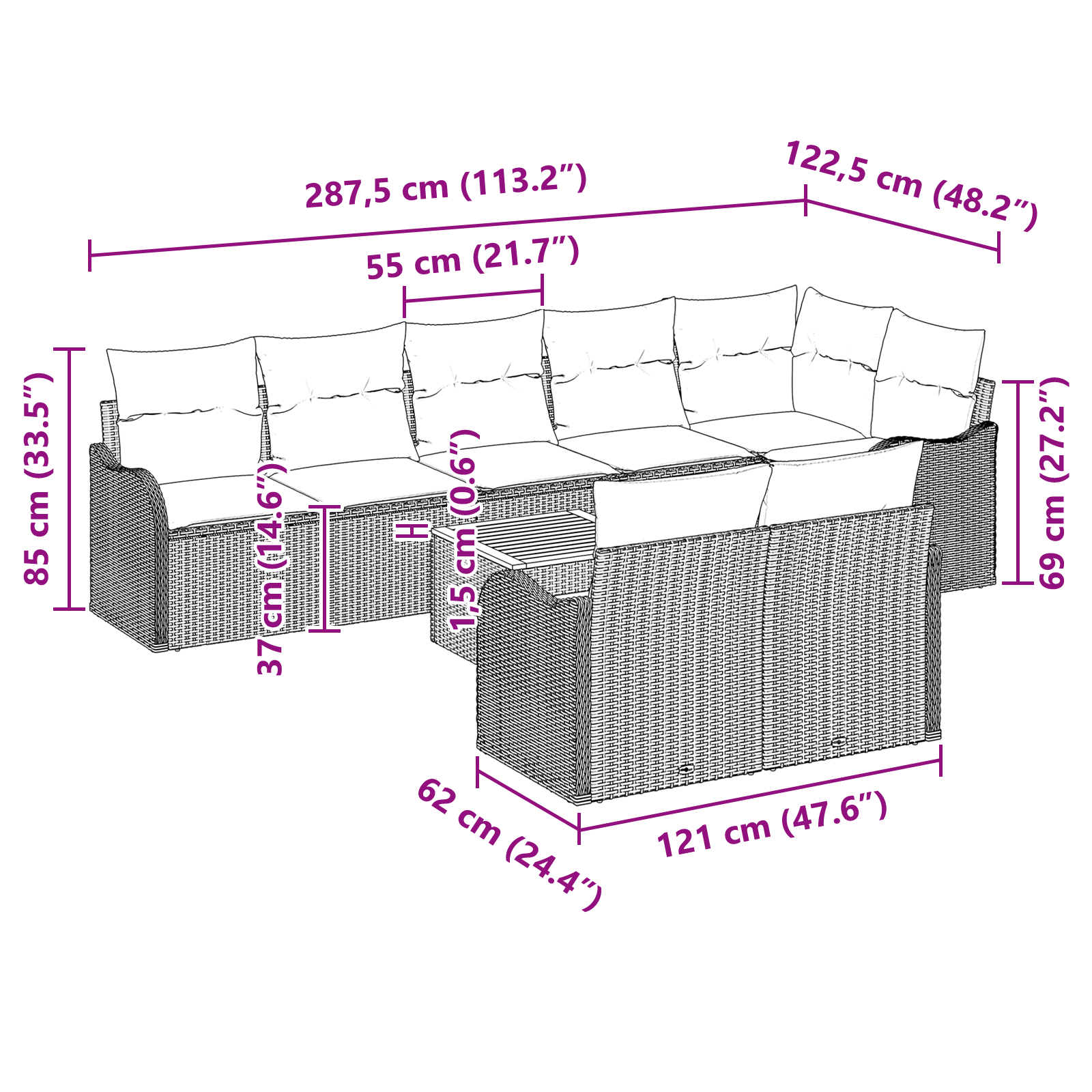 9 dalių sodo sofa rinkinys su pagalvėmis pilkas poli ratanas akacija - Image 9