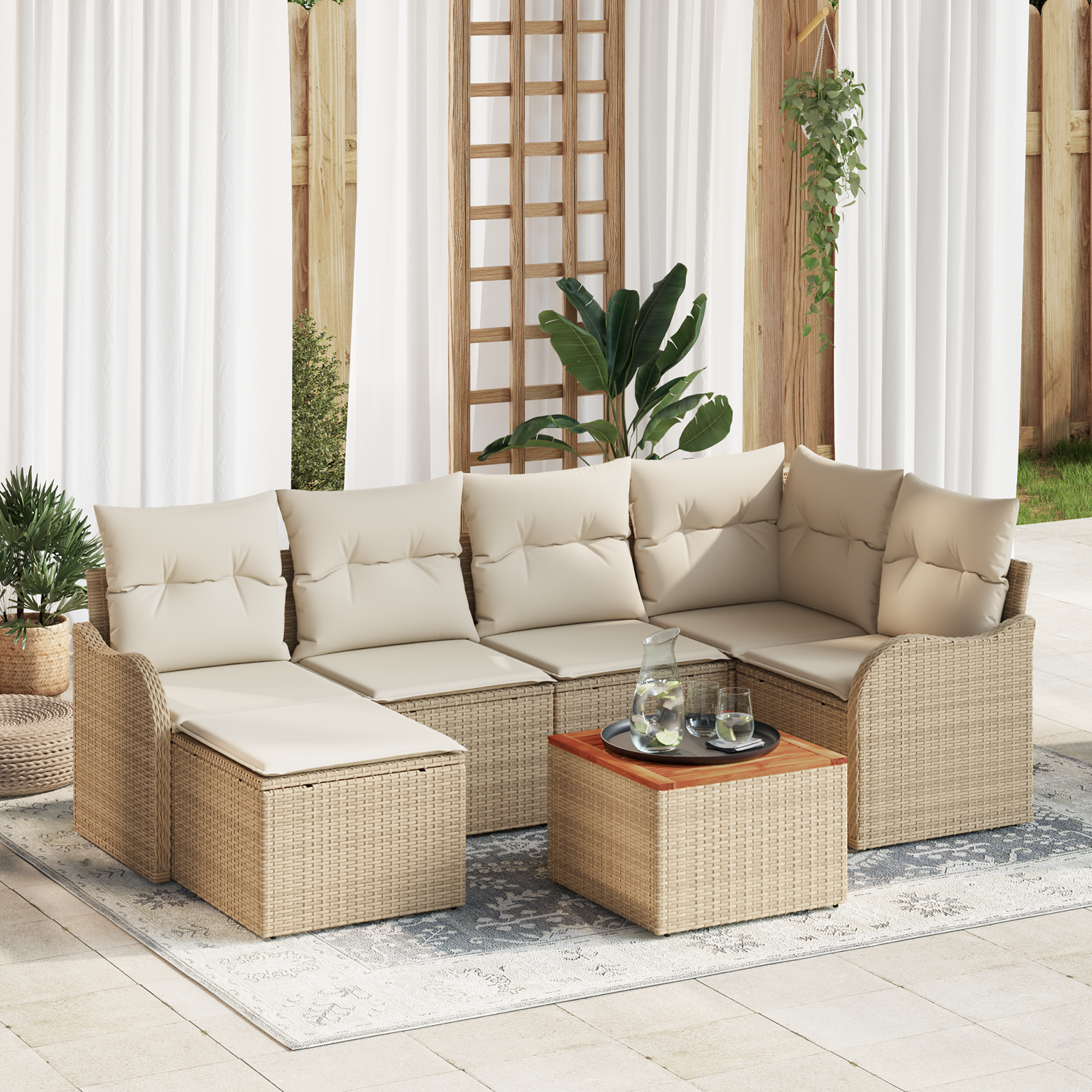Thumbnail - vidaXL 7-teiliges Garten-Sofa-Set mit Kissen Beige Poly-Rattan Akazie