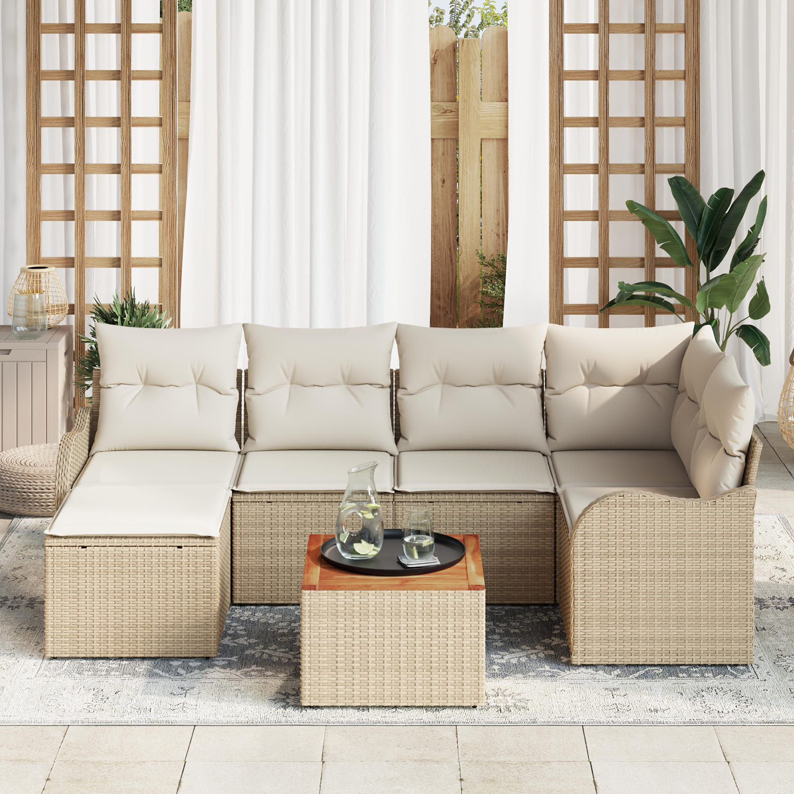 Thumbnail - vidaXL 7-teiliges Garten-Sofa-Set mit Kissen Beige Poly-Rattan Akazie