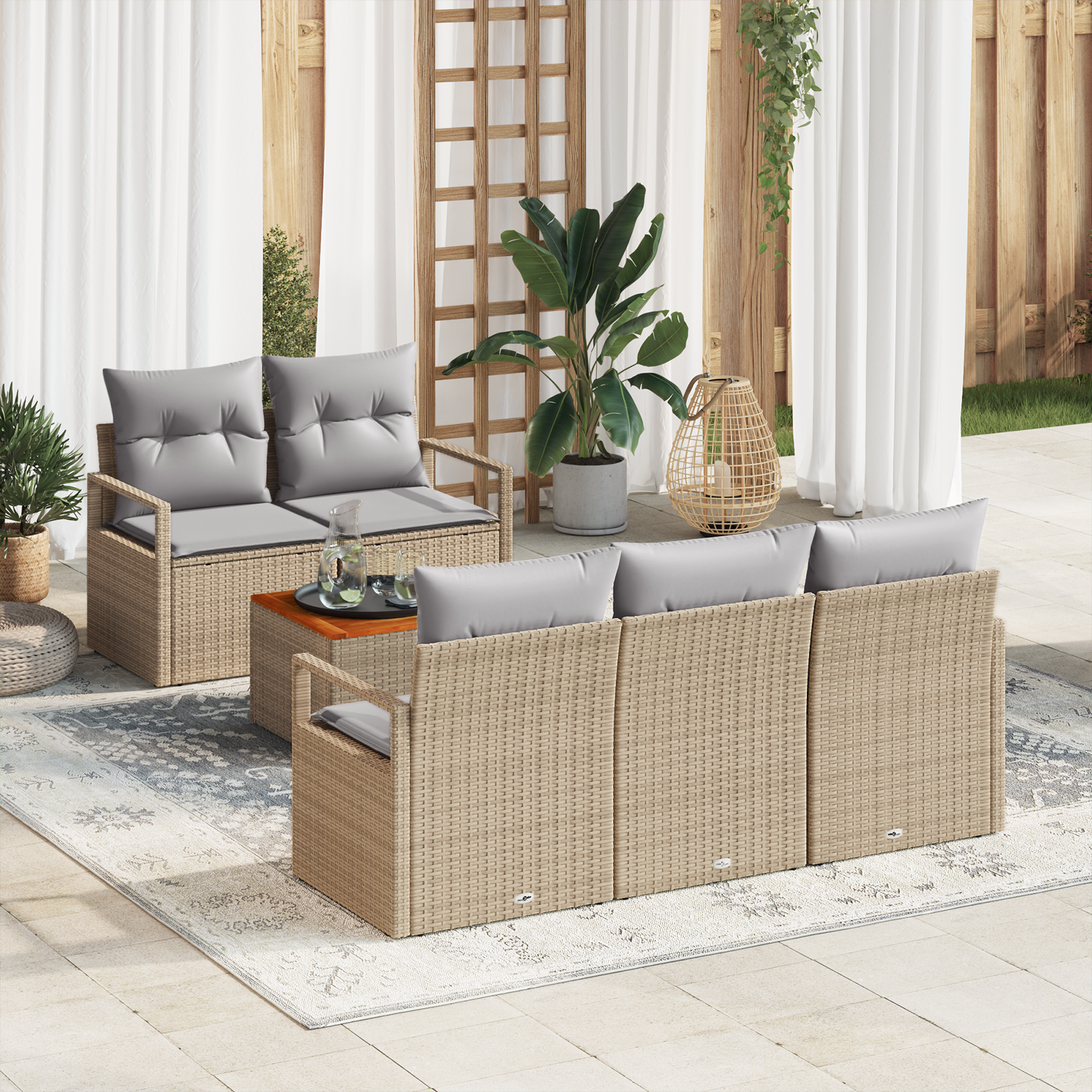 Conjunto de Sofá para Jardim com Almofadas Bege Rattan Poliéster Acácia, Sofá de Jardim com Almofadas Bege Rattan Poliéster Conjunto de Sofá para Jardim com Almofadas Bege Rattan Poliéster Acácia, Sofá de Jardim com Almofadas Bege Rattan Poliéster