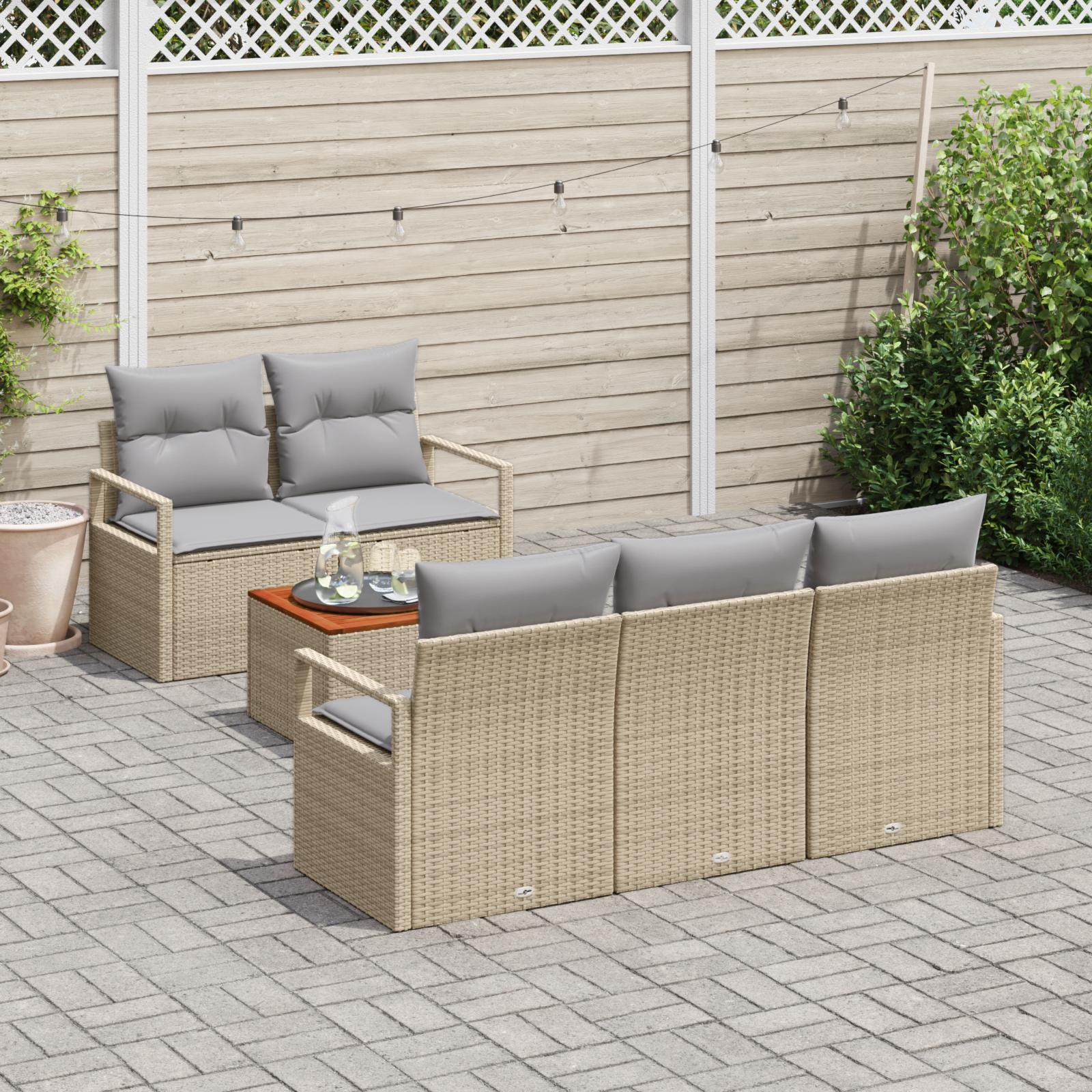Conjunto de Sofá para Jardim com Almofadas Bege Rattan Poliéster Acácia, Sofá de Jardim com Almofadas Bege Rattan Poliéster