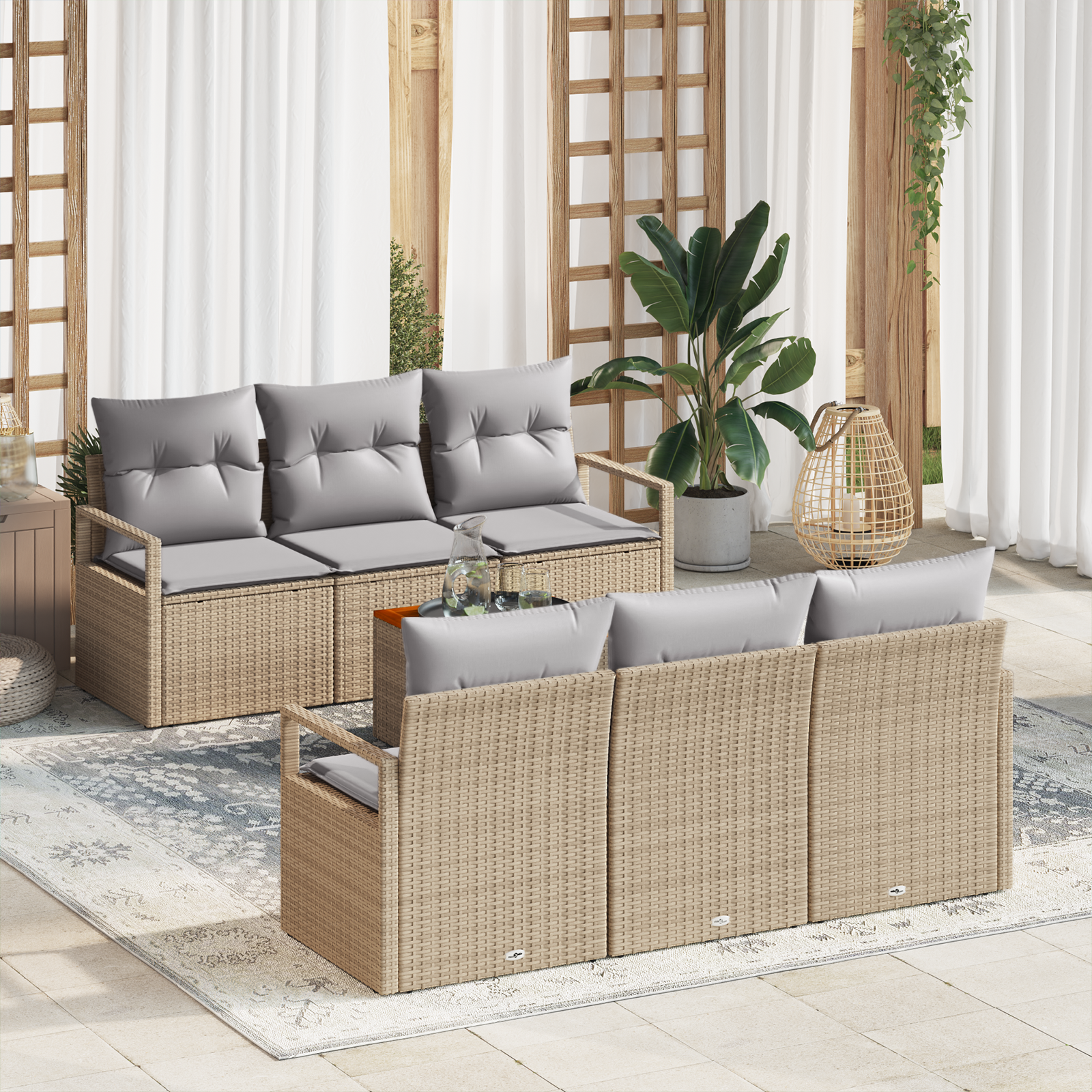 Thumbnail - vidaXL 7-teilige Garten-Sofagarnitur mit Kissen, beige, Poly-Rattan, Akazie