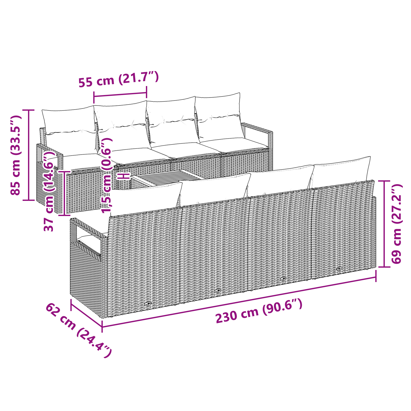 Conjunto de Sofá de Jardim de 9 Peças com Almofadas Bege de Rattan de Polietileno