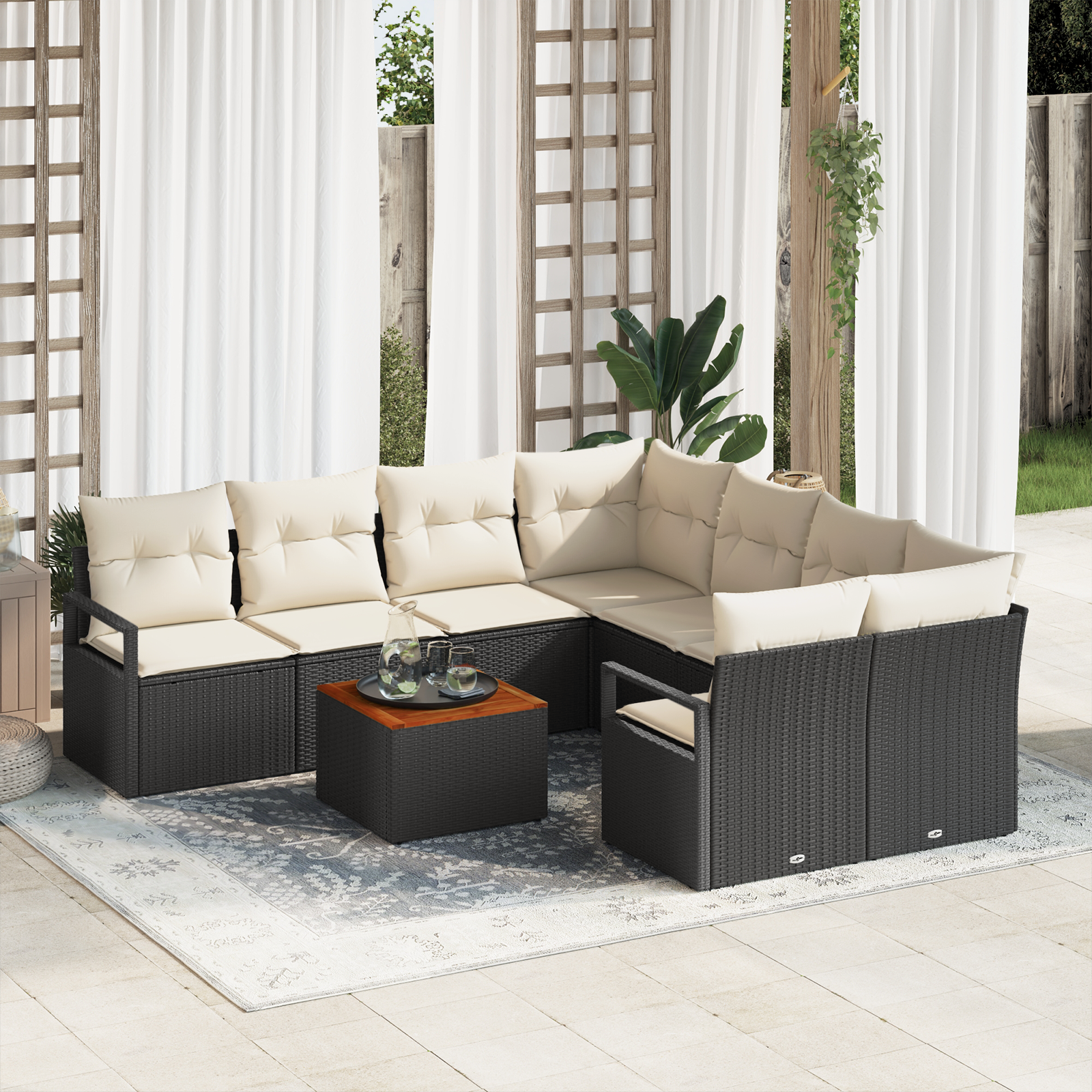 Thumbnail - vidaXL 9-teiliges Garten-Sofaset mit Kissen in Schwarz aus Poly-Rattan und Akazie