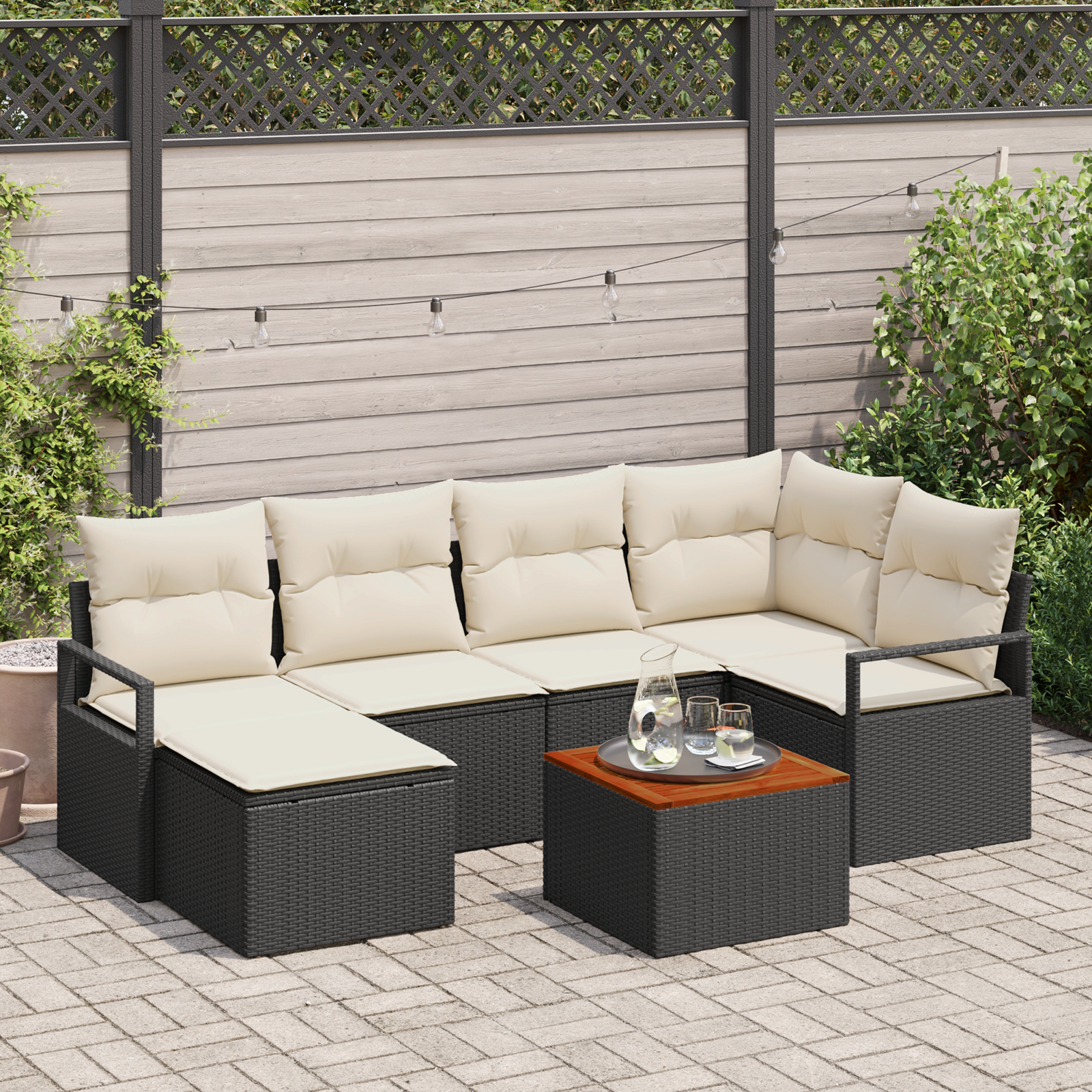 Thumbnail - vidaXL 7-teiliges Garten-Sofa-Set mit Kissen in Schwarz – Poly Rattan und Akazie.