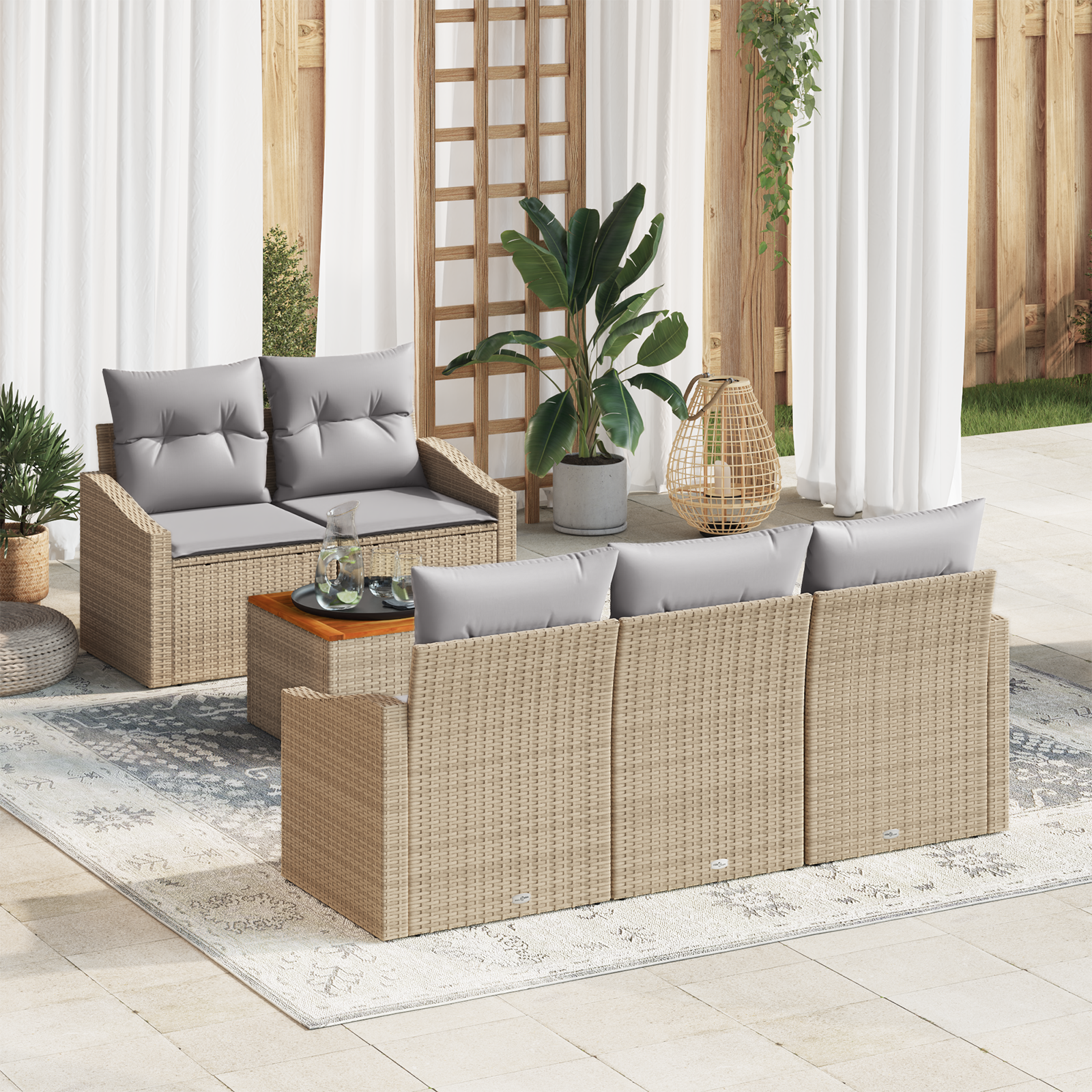 Conjunto de Sofá de 6 Peças com Almofadas Bege Poly Rattan Acácia Conjunto de Sofá de 6 Peças com Almofadas Bege Poly Rattan Acácia
