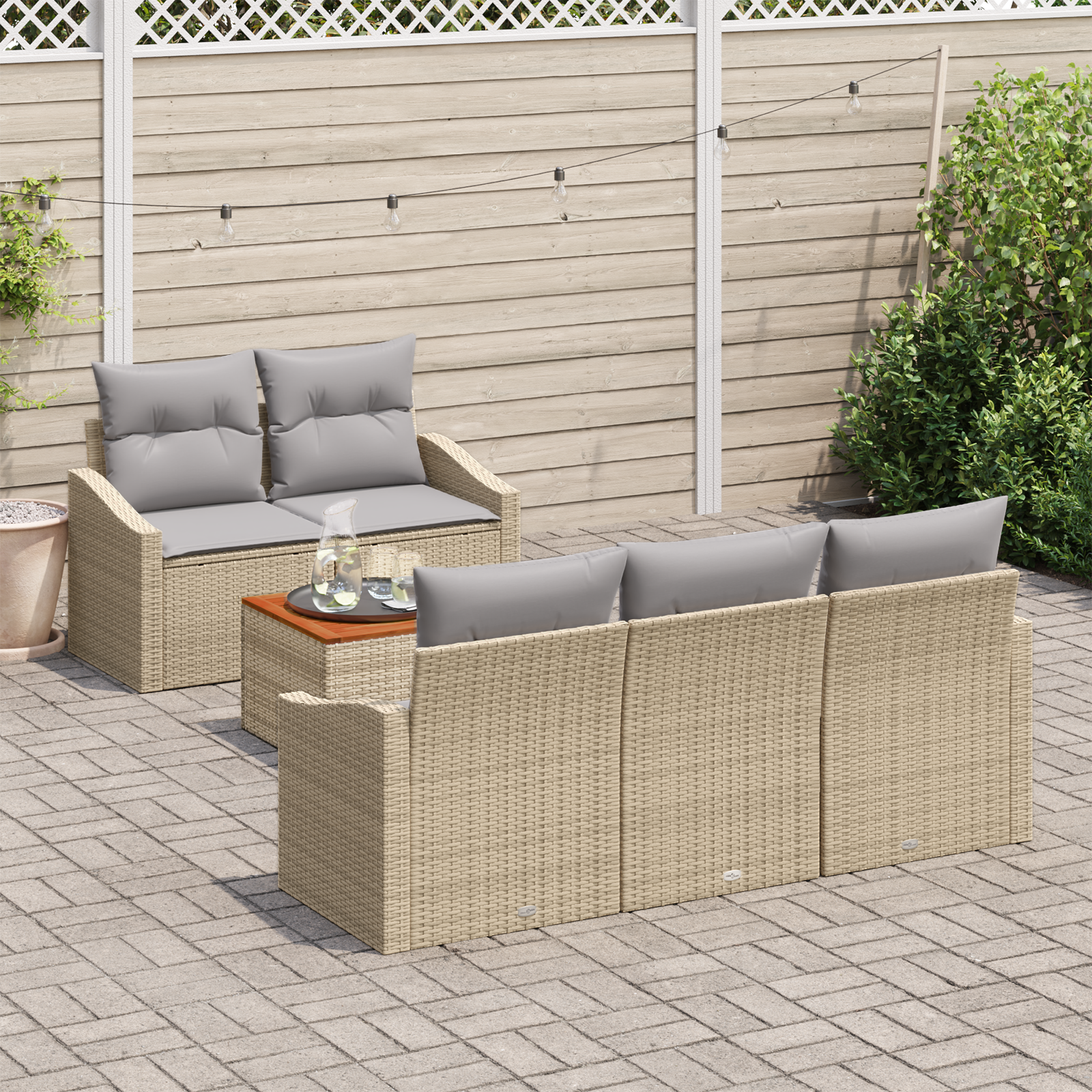 Conjunto de Sofá de 6 Peças com Almofadas Bege Poly Rattan Acácia