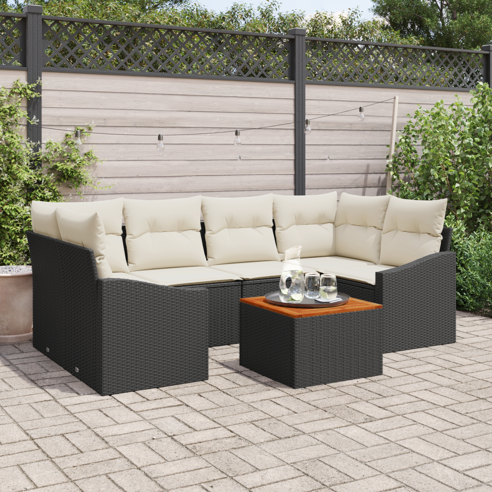 Thumbnail - vidaXL 7-teiliges Garten-Sofa-Set mit Kissen in Schwarz aus Poly-Rattan und Akazie