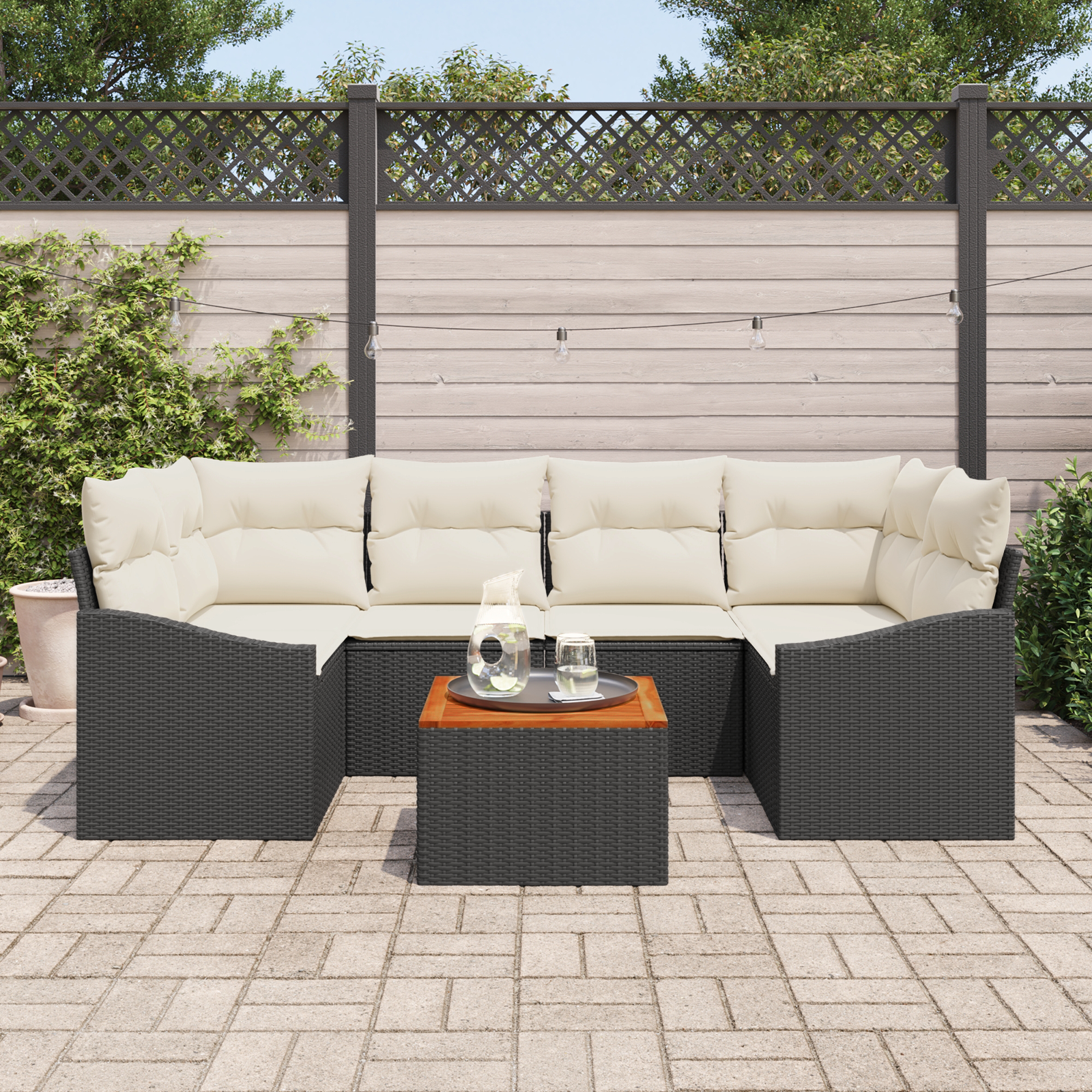 Thumbnail - vidaXL 7-teiliges Garten-Sofa-Set mit Kissen in Schwarz aus Poly-Rattan und Akazie