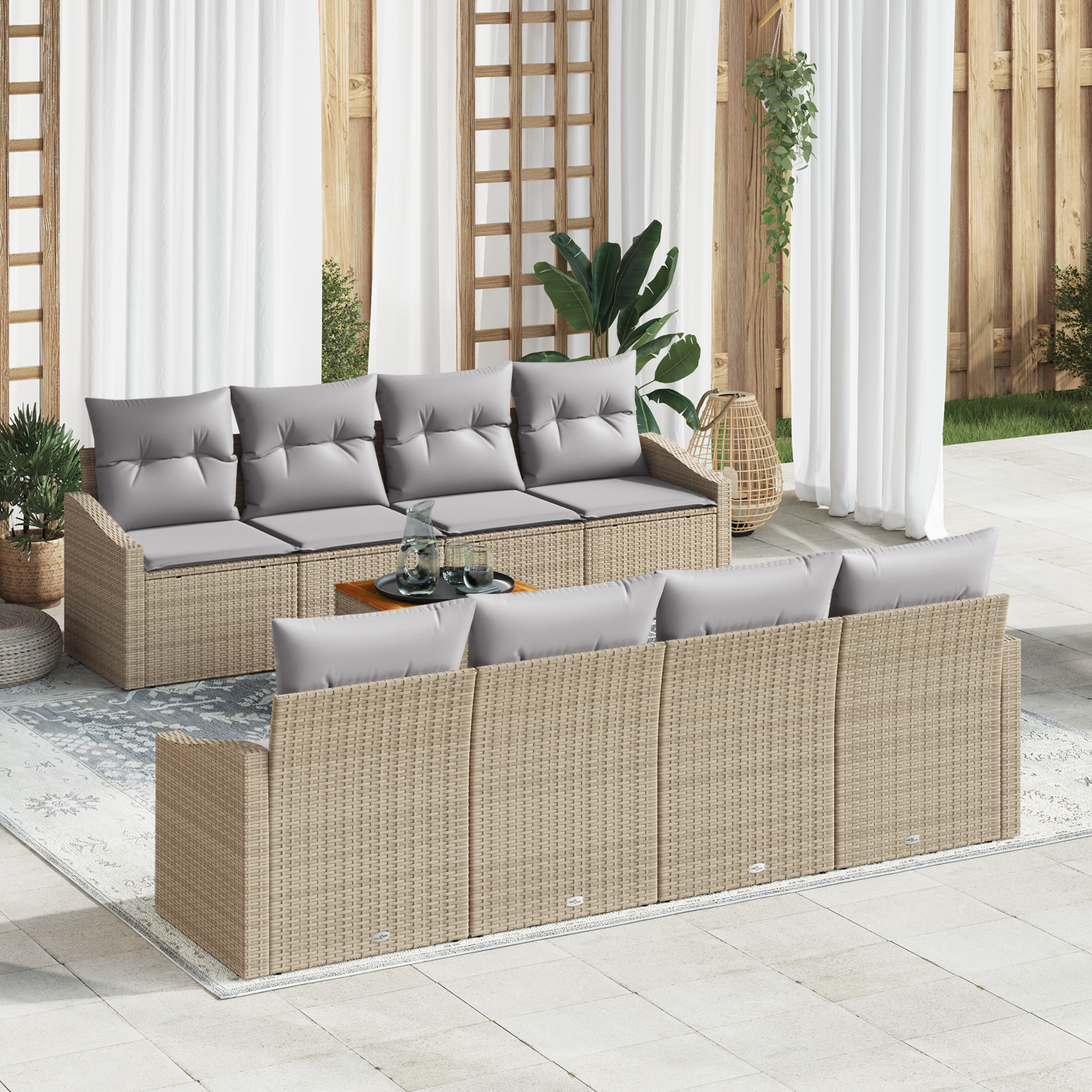 Conjunto de 9 Peças de Sofá de Jardim com Almofadas em Bege Rattan Acácia Conjunto de 9 Peças de Sofá de Jardim com Almofadas em Bege Rattan Acácia