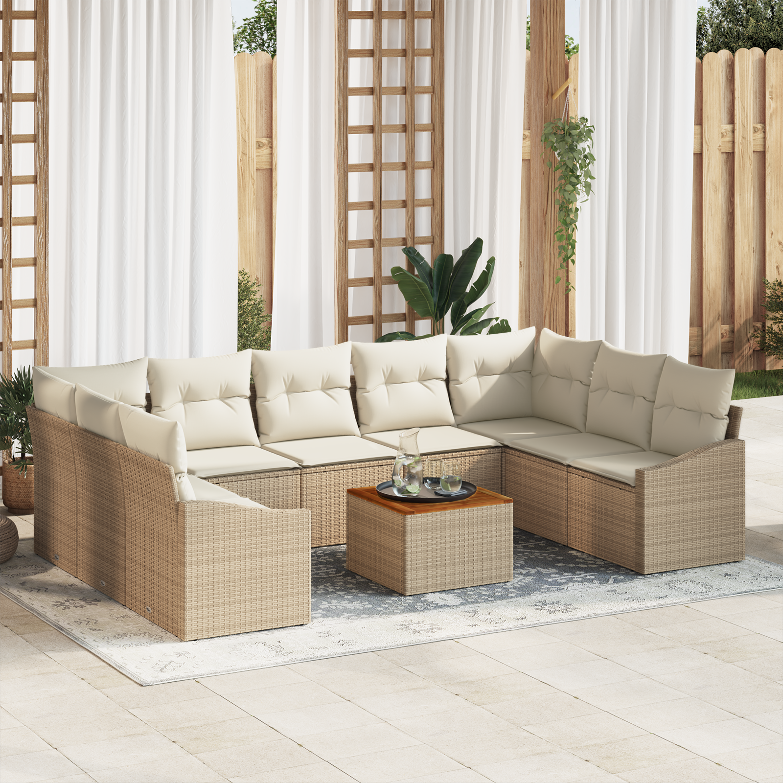 10 dalių sodų sofa komplektas su pagalvėmis smėlio poli ratanas akacija