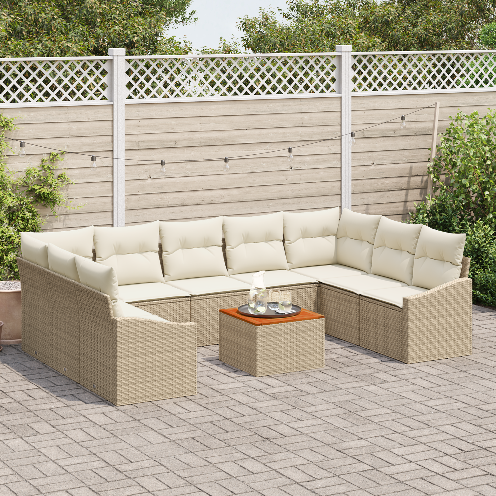 10 dalių sodų sofa komplektas su pagalvėmis smėlio poli ratanas akacija - Image 3
