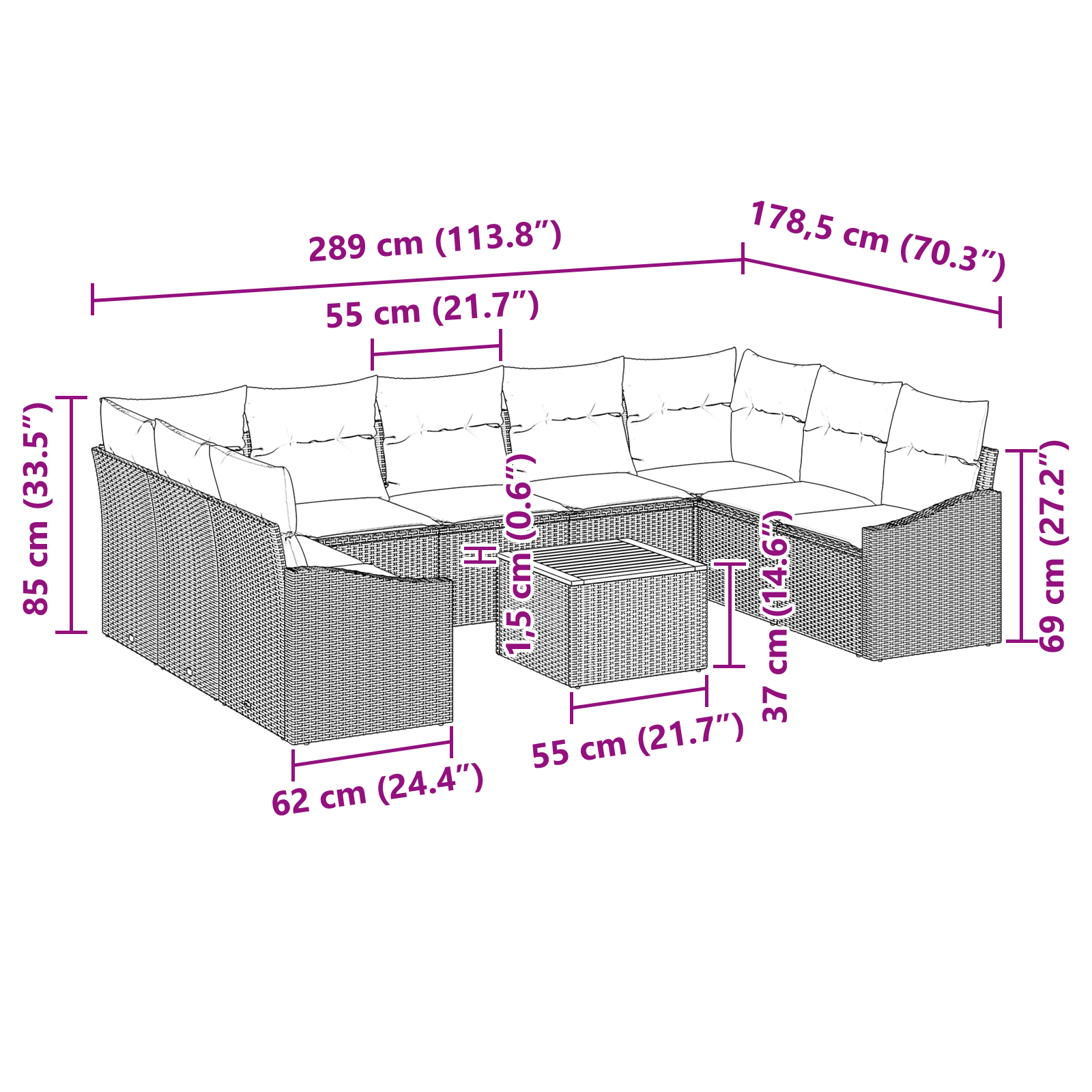 10 dalių sodų sofa komplektas su pagalvėmis smėlio poli ratanas akacija - Image 9