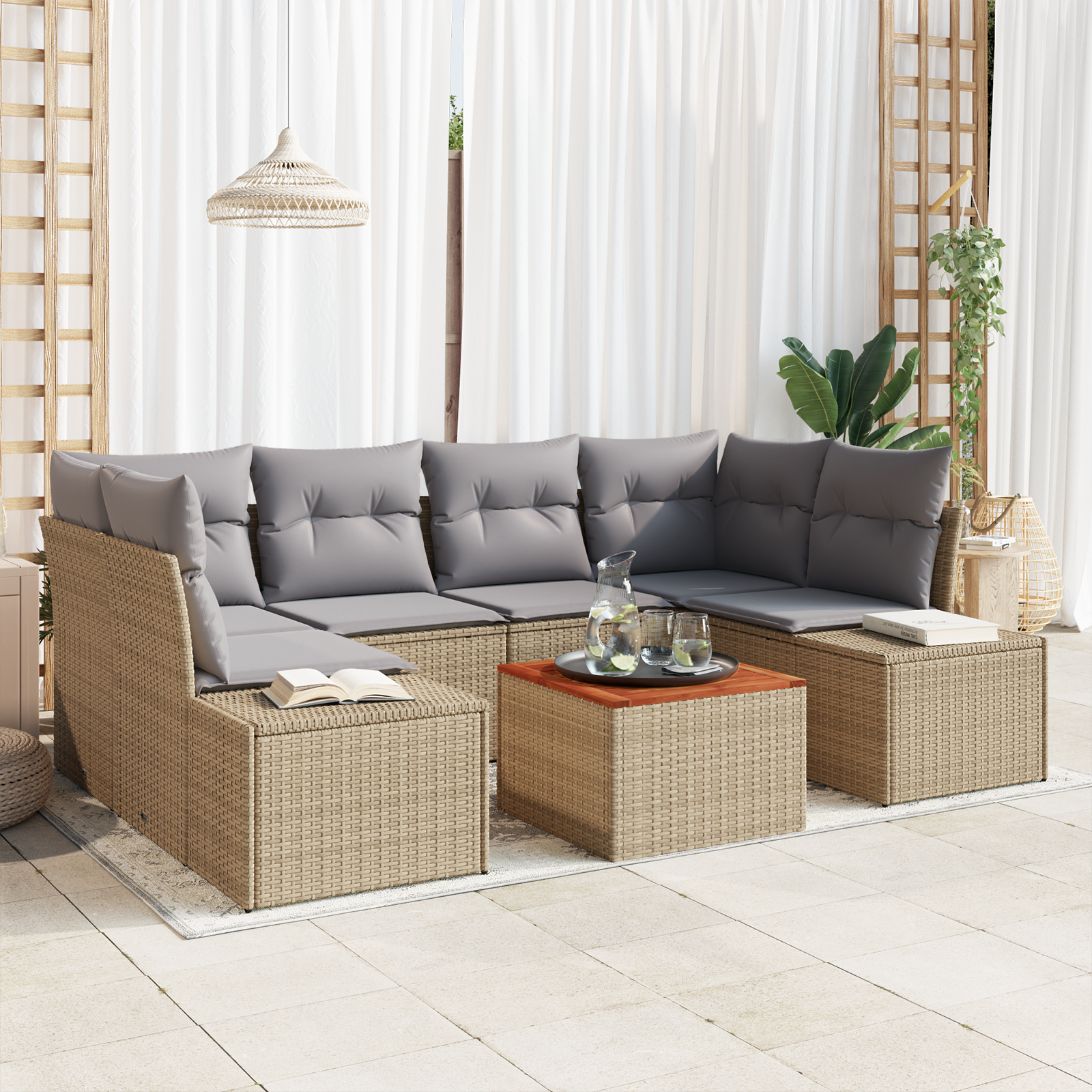 Thumbnail - vidaXL 7-teilige Garten-Sofa-Garnitur mit Kissen in Beige aus Poly Rattan und Akazie