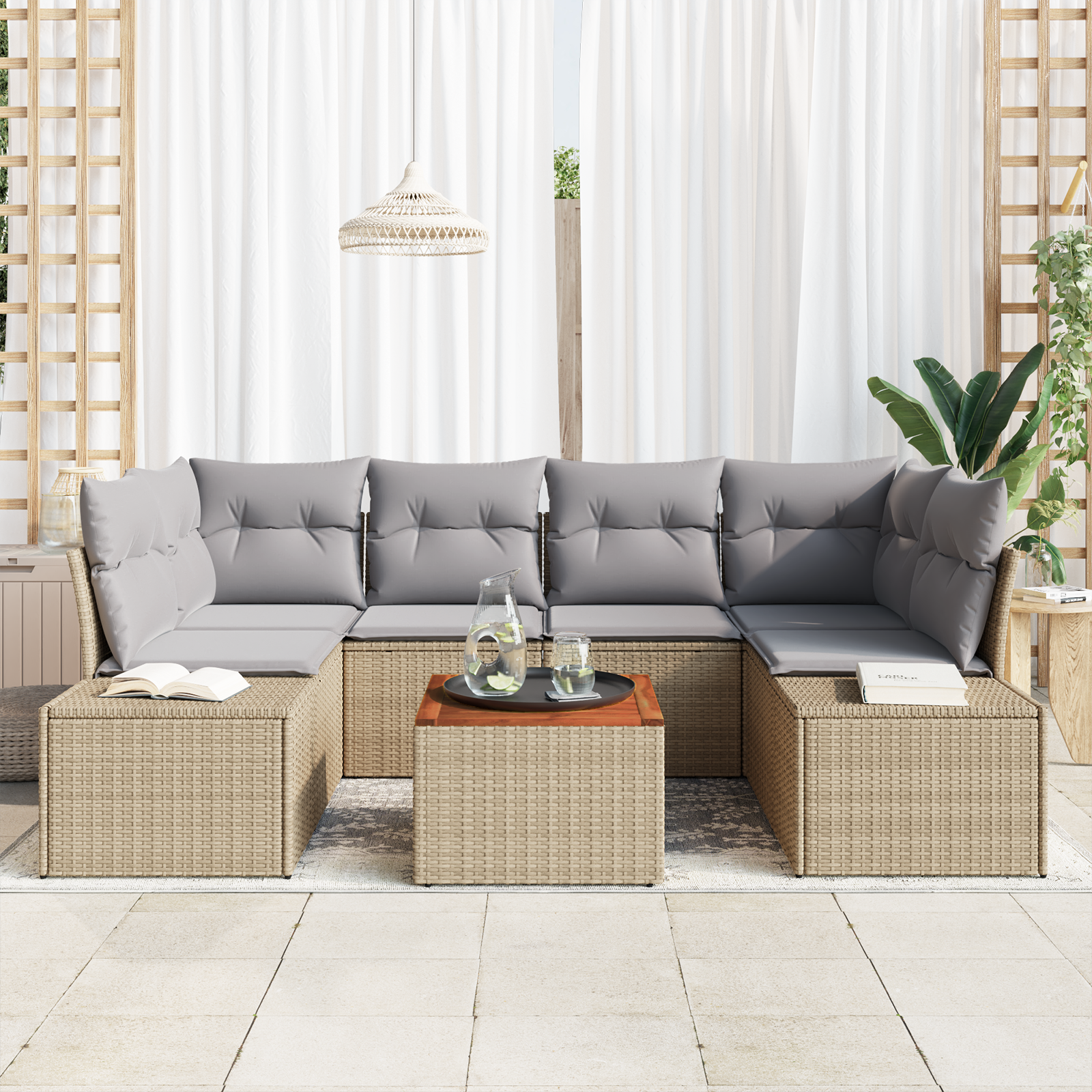 Thumbnail - vidaXL 7-teilige Garten-Sofa-Garnitur mit Kissen in Beige aus Poly Rattan und Akazie