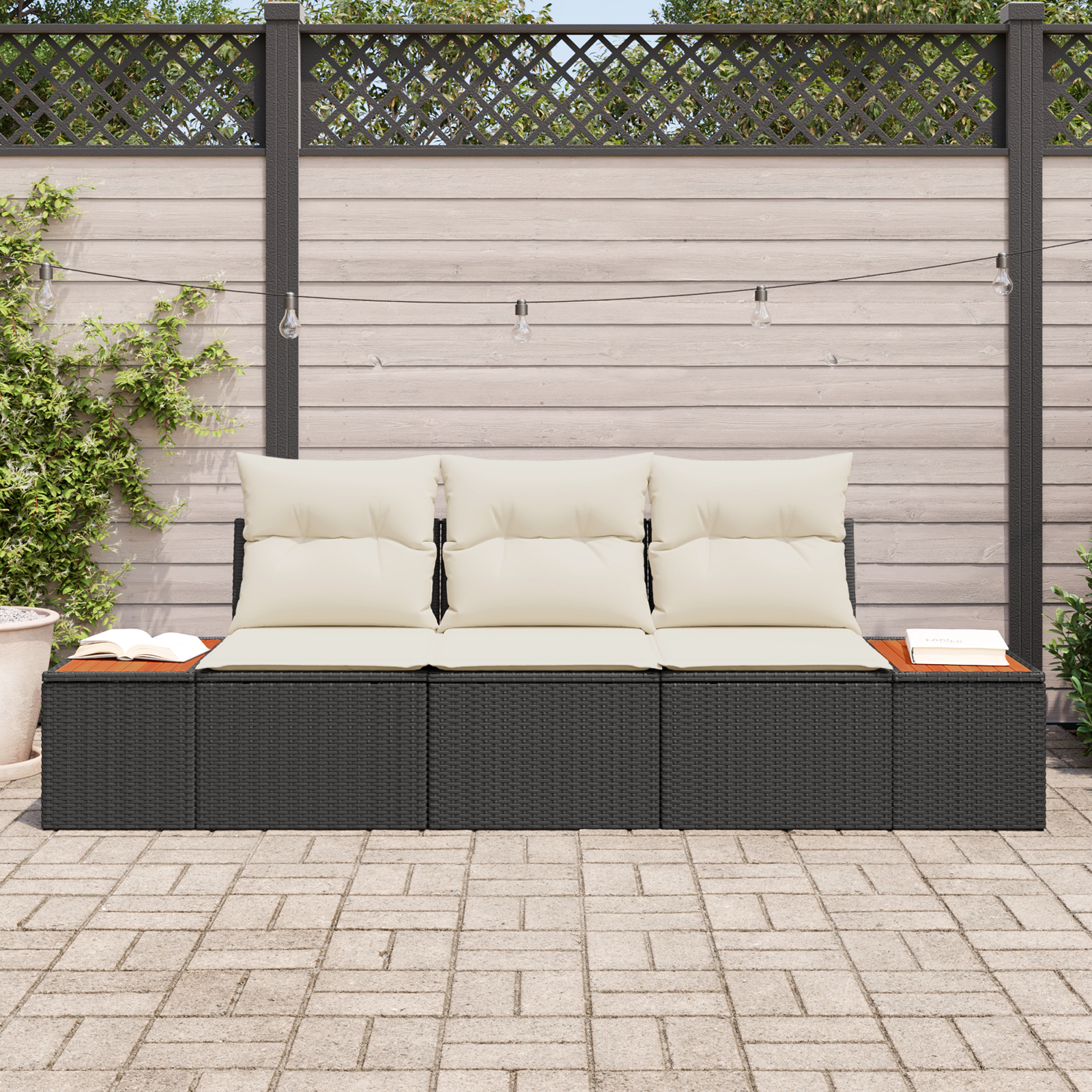3 dalių sodo sofa komplektas su pagalvėlėmis juoda poli ratanas akacijos - Image 3