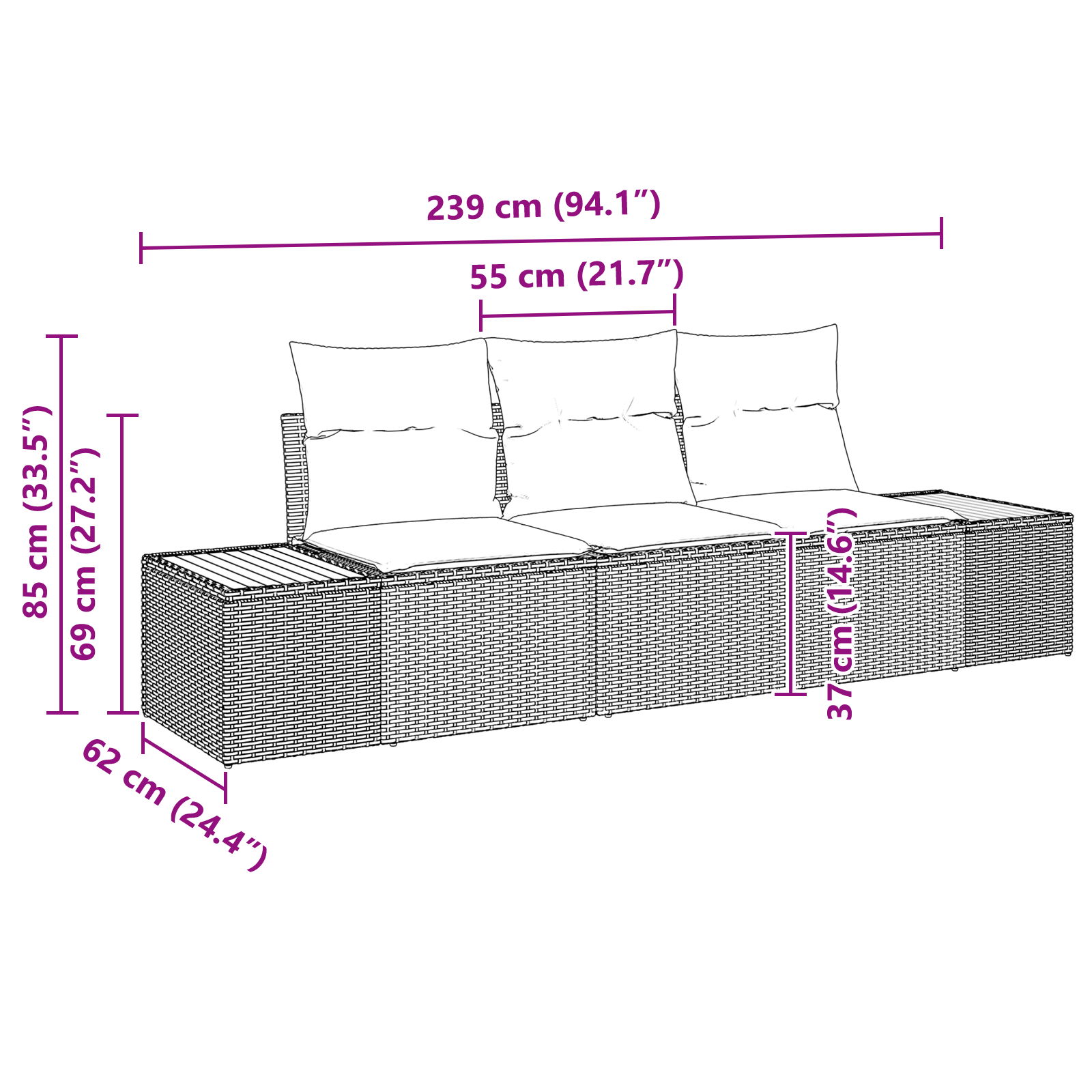 3 dalių sodo sofa komplektas su pagalvėlėmis juoda poli ratanas akacijos - Image 7