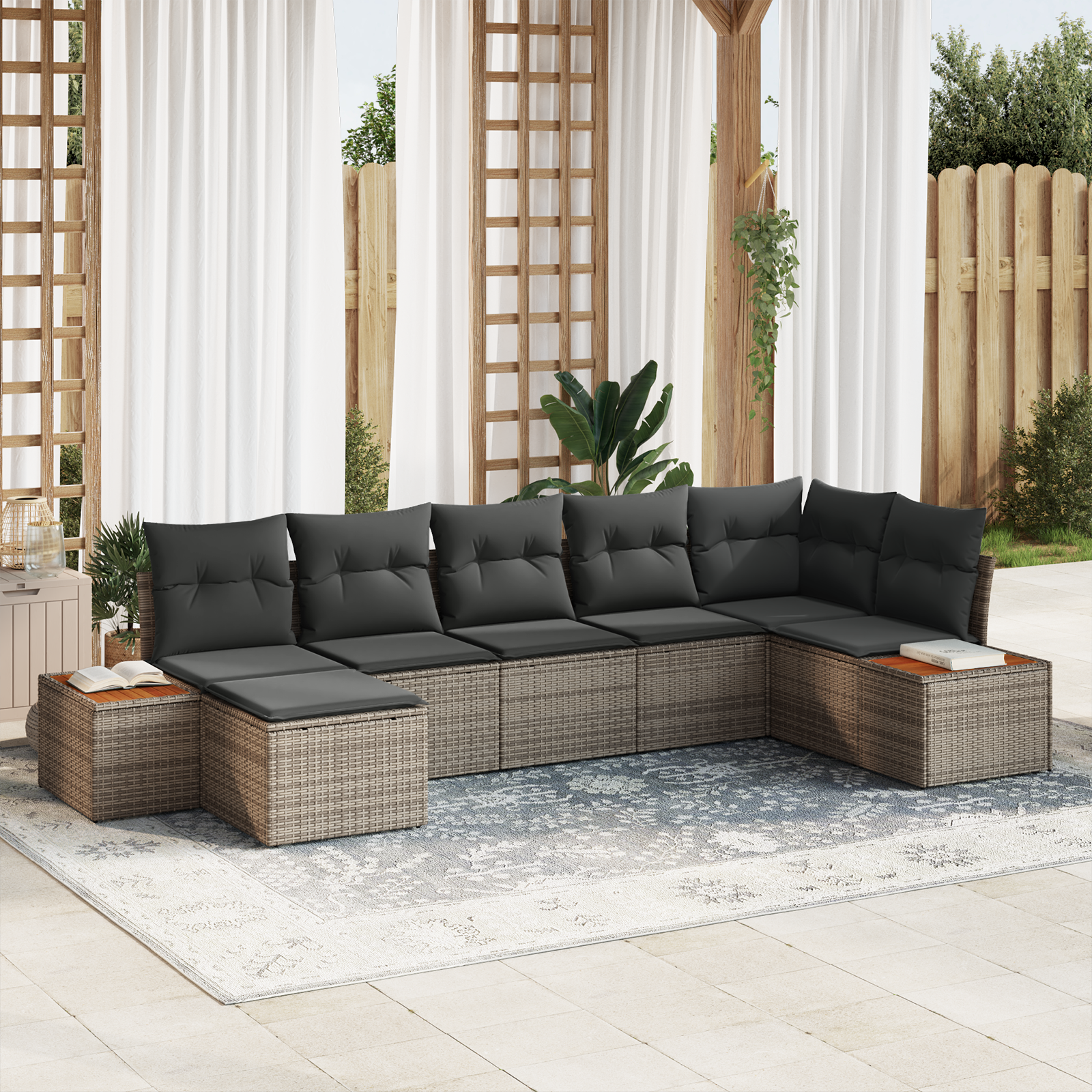 Thumbnail - vidaXL 7-teiliges Garten-Sofa-Set mit Kissen aus grauem Poly-Rattan und Akazie