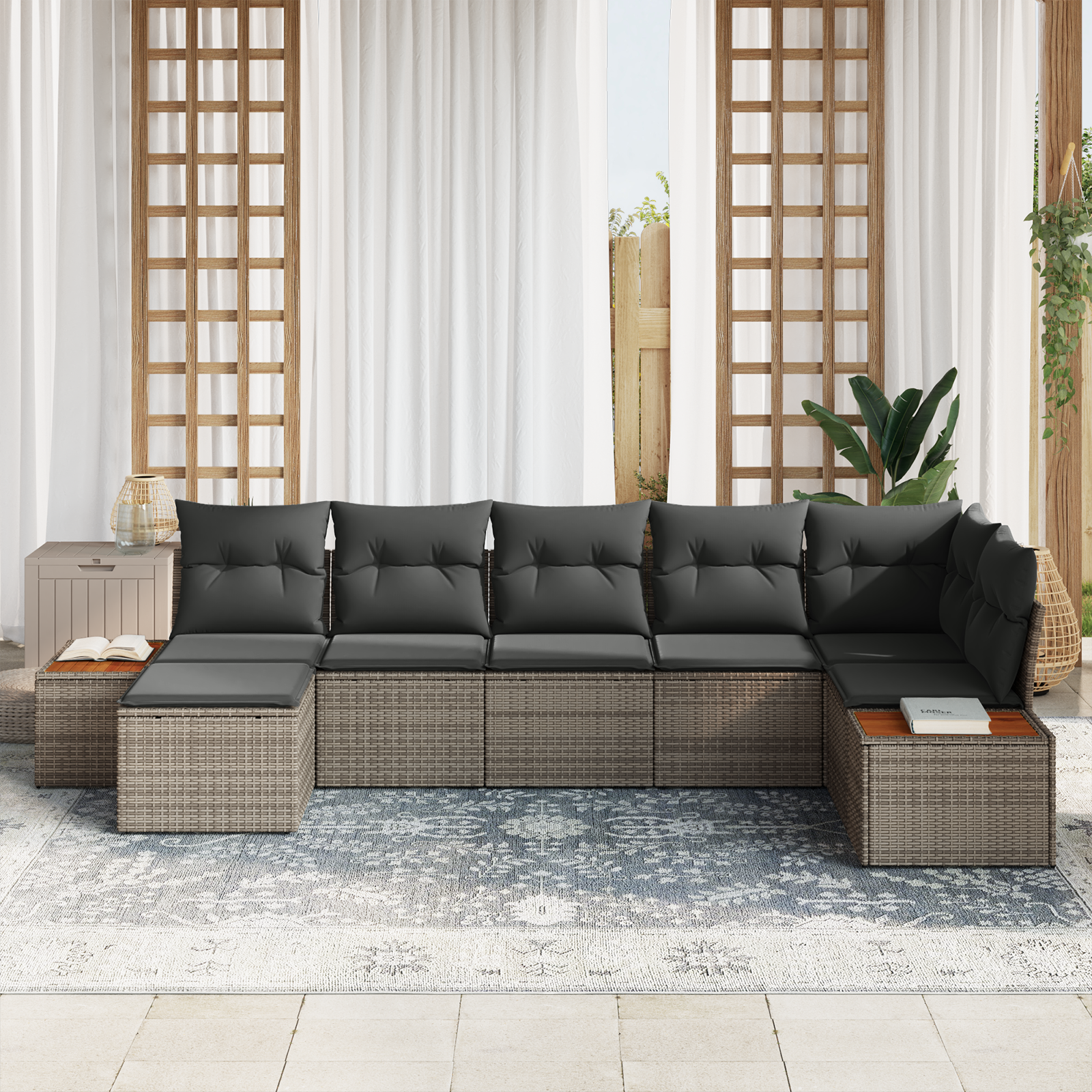 Thumbnail - vidaXL 7-teiliges Garten-Sofa-Set mit Kissen aus grauem Poly-Rattan und Akazie