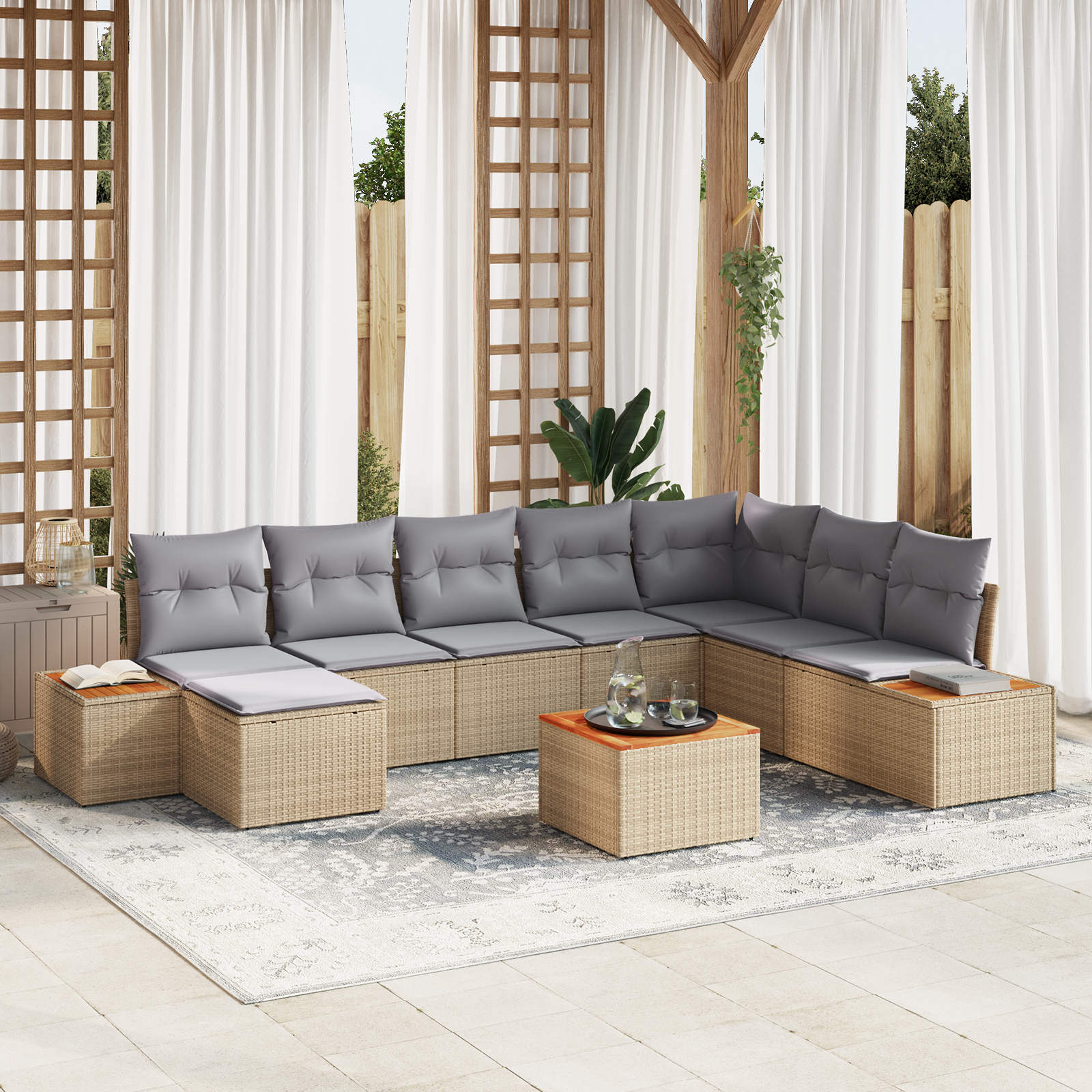 9 Dalių Sodo Sofa Rinkinys su Pagalvėmis Smėlio Poli Ratanas Akacijos