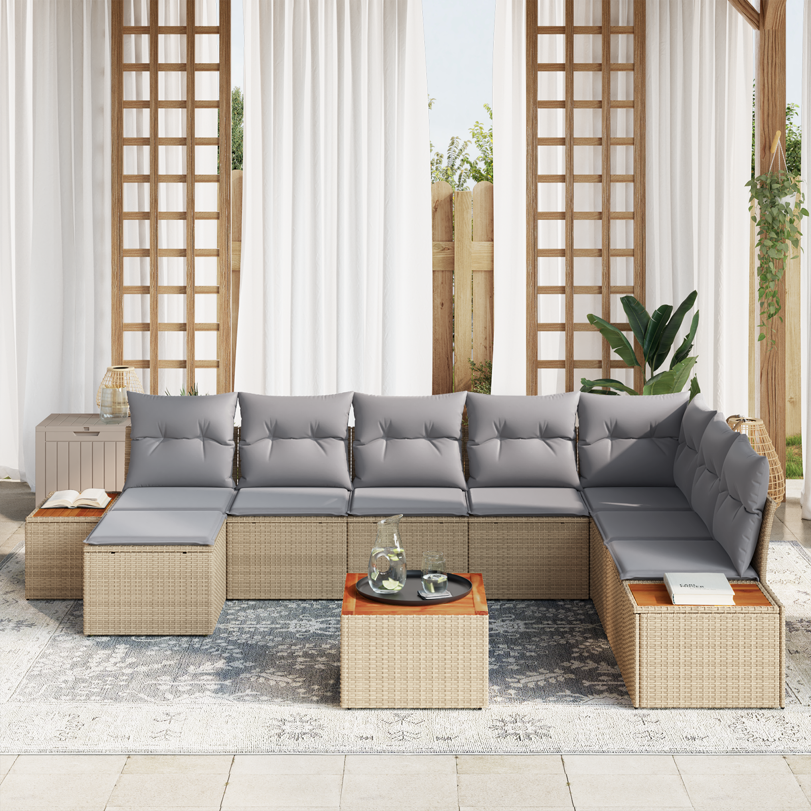 9 Dalių Sodo Sofa Rinkinys su Pagalvėmis Smėlio Poli Ratanas Akacijos - Image 3