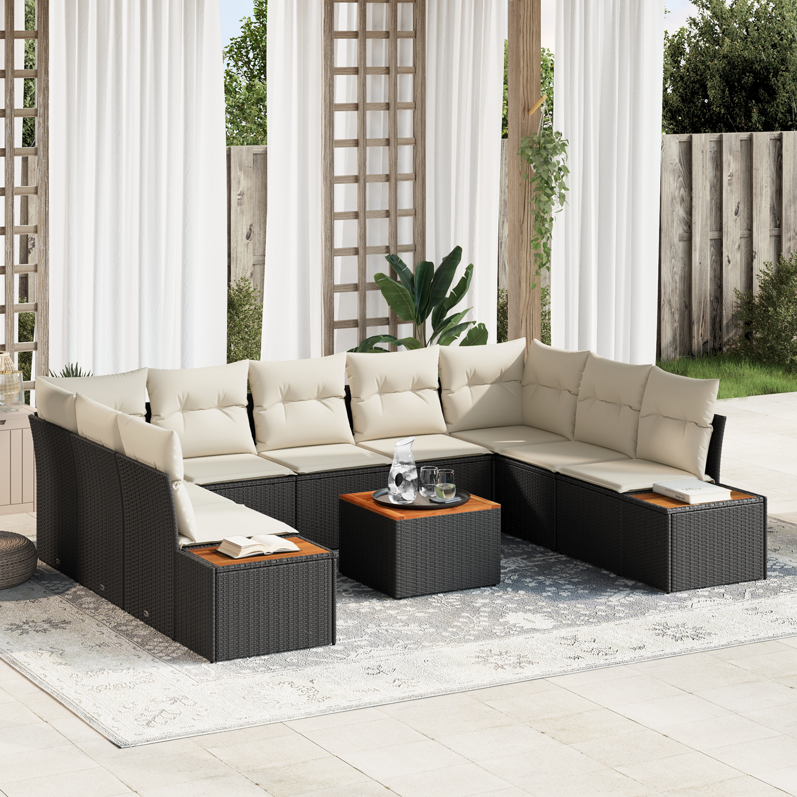 10 dalių sodo sofa komplektas su pagalvėlėmis Juoda Poli ratanas Akacija