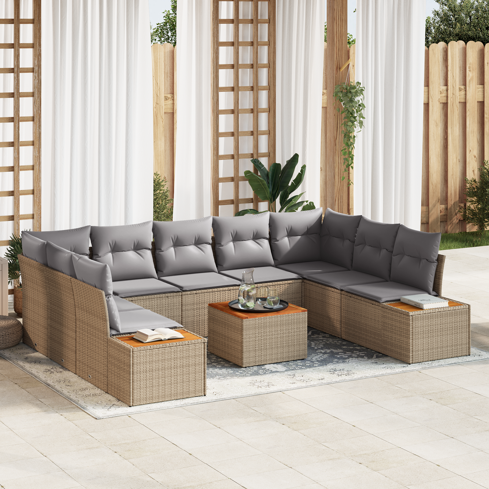 10 dalių sodo sofa komplektas su pagalvėmis smėlio poli ratanas akacija