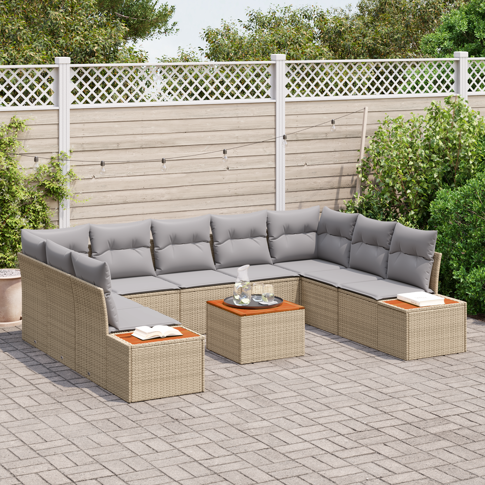 10 dalių sodo sofa komplektas su pagalvėmis smėlio poli ratanas akacija - Image 3