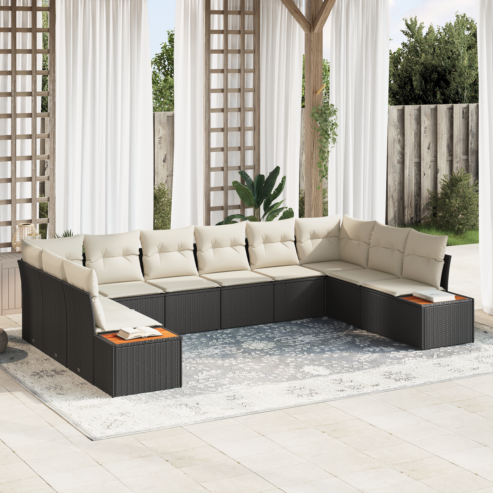 10 dalių sodo sofa rinkinys su pagalvėlėmis Juoda Poliratanas Akacijos