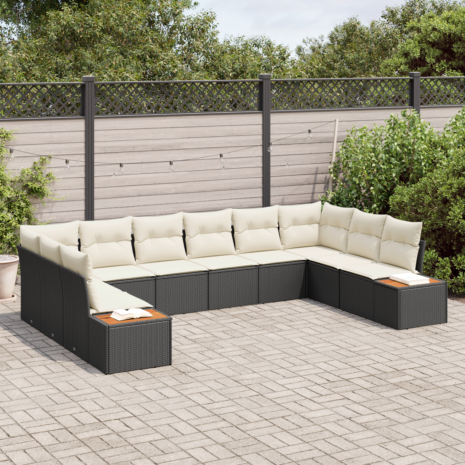 10 dalių sodo sofa rinkinys su pagalvėlėmis Juoda Poliratanas Akacijos - Image 3